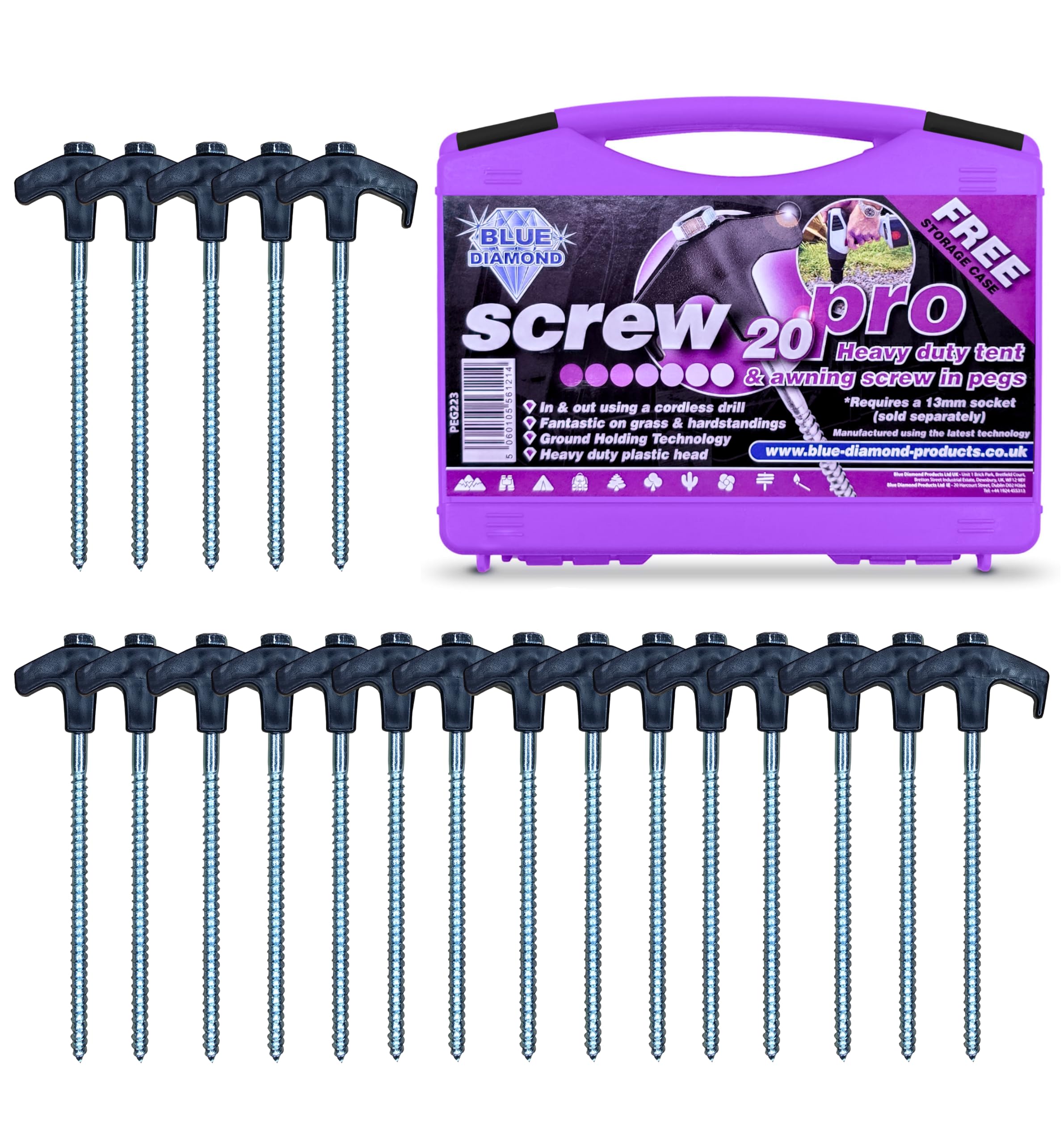 Blue Diamond Heavy Duty Screw Tent Pegs - Pack of 20 | Hard Ground Tent Pegs, Camping Pegs | Rustproof Galvanized Steel