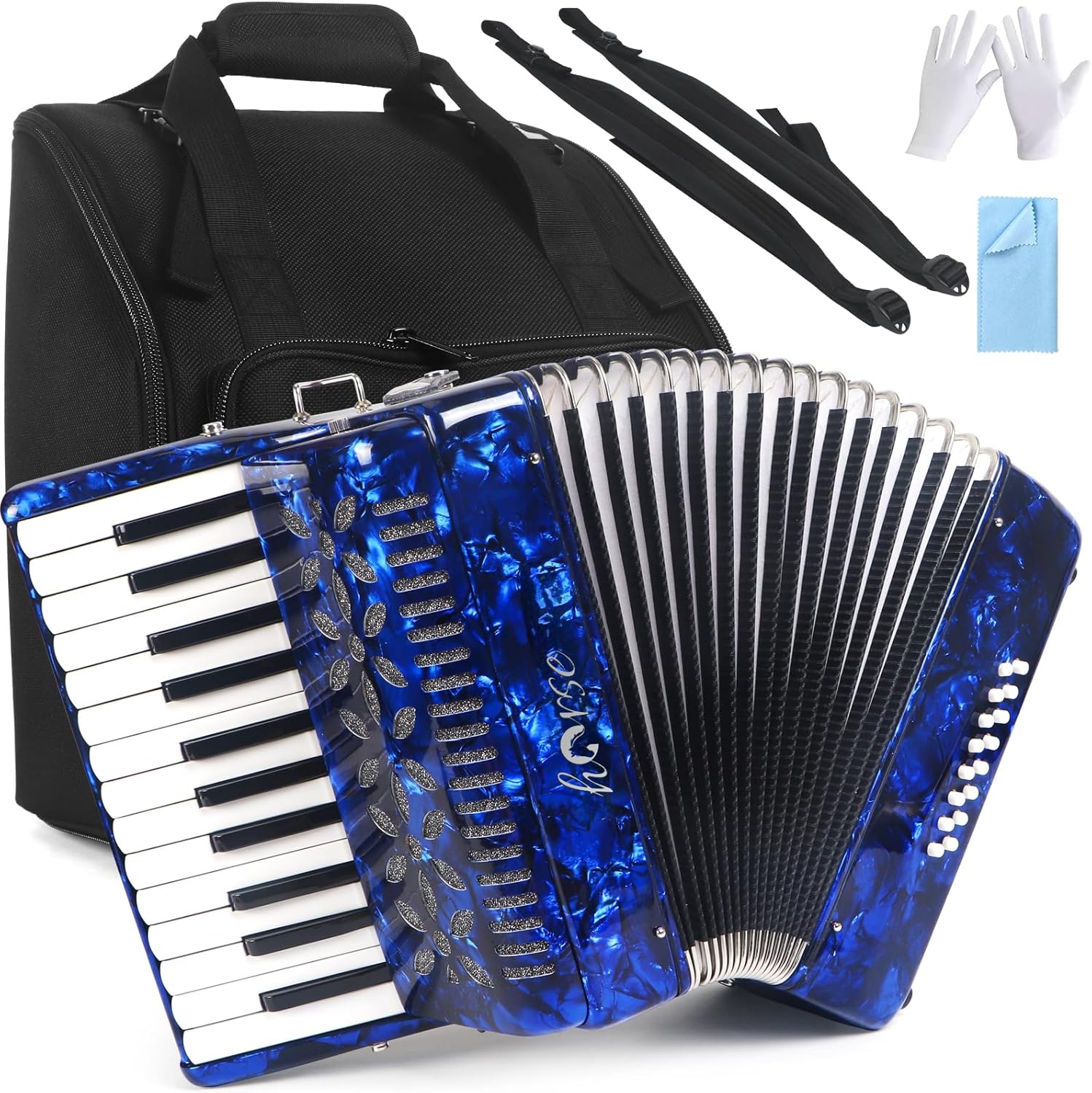 25 Keys Accordion, 16 Bass Student Piano Accordion Acordeón Acordeones Para Adultos for Beginner and Adults, Lightweight Portable with Adjustable Straps, Cleaning Cloth, Gloves, and Carrying Bag(Blue)