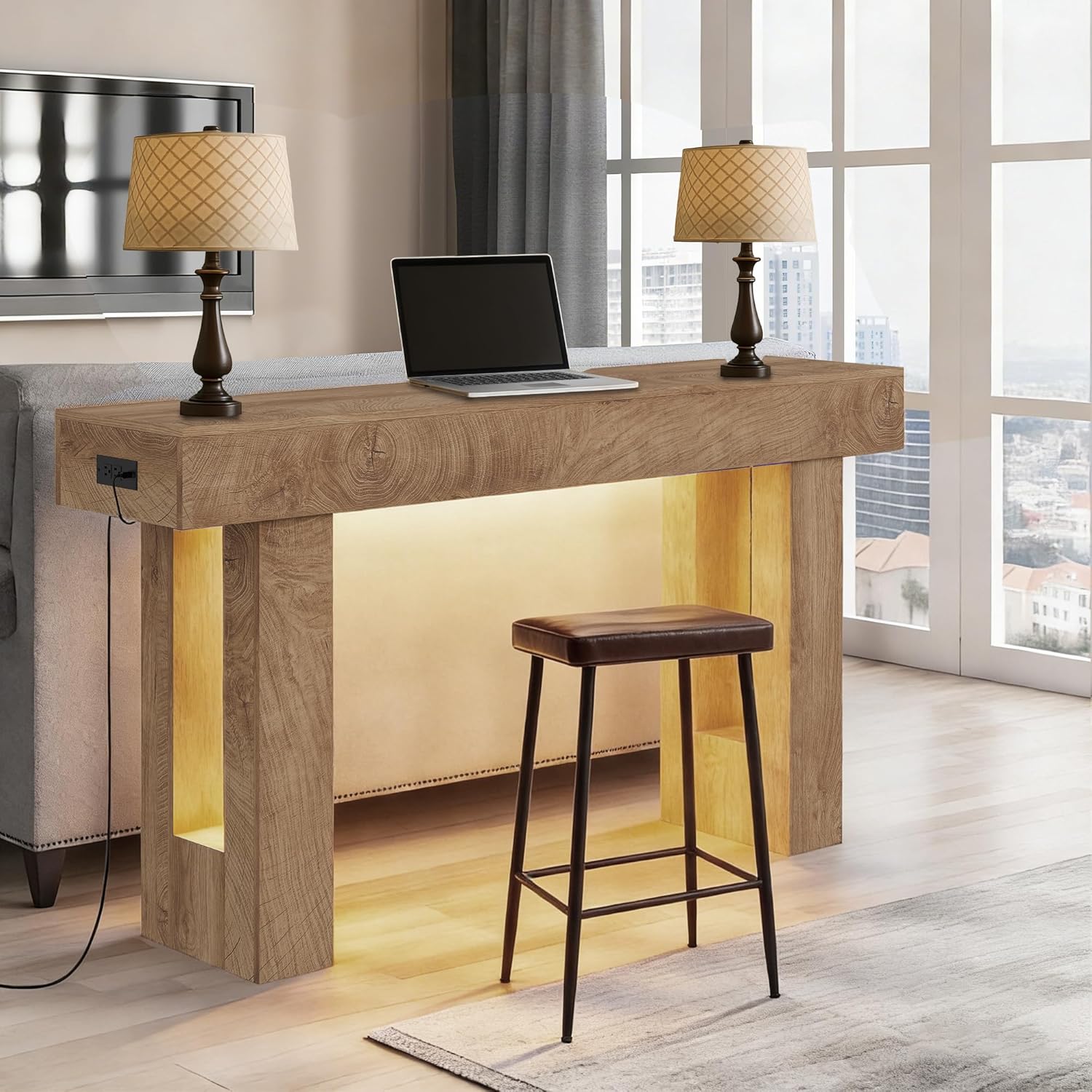 GarveeHome Farmhouse Console Table - 47" Minimalist Vintage Entryway Table, Storage Rustic Sofa Table with Open Shelves for Hallway, Living Room, Foyer, Bedroom (Motion Sensor Light, 63")