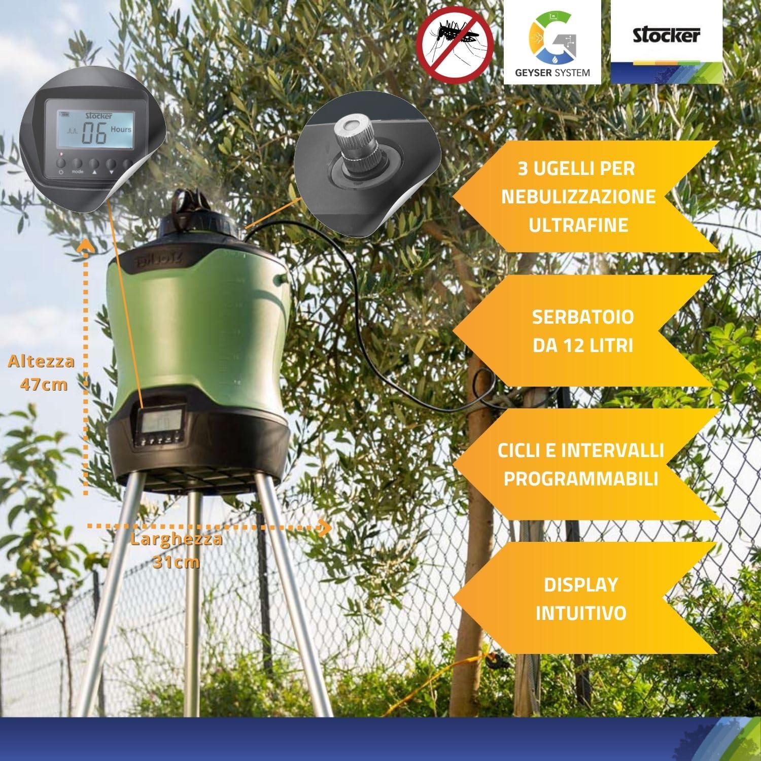 STOCKER – Kit Nebulizzatore Geyser 12L con Timer e Pompa Automatica, Batteria 12V, Copertura di 40 m² estendibile fino a 400 m², Sistema Antizanzare con 1 L Zanzaricida e 1 L Disabituante