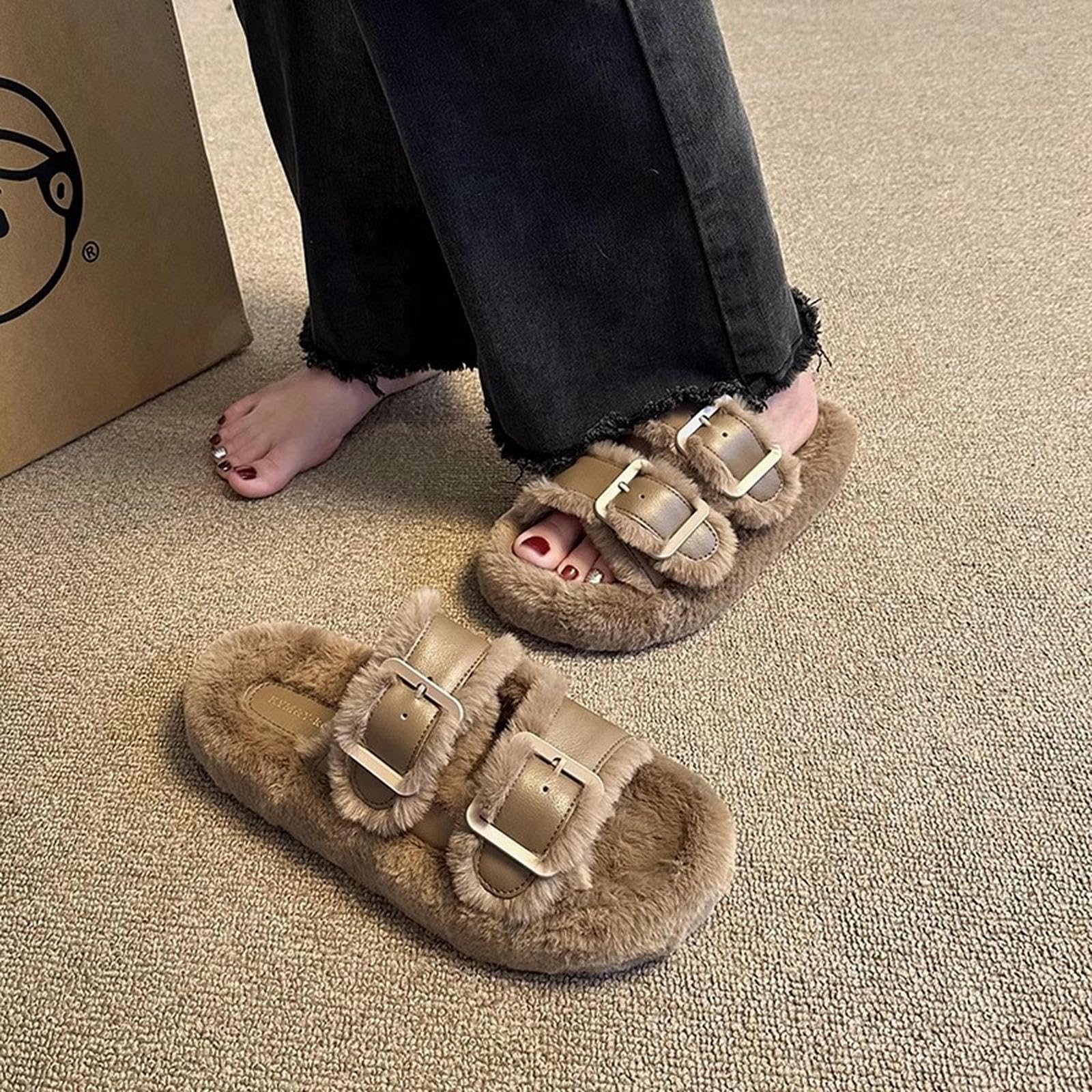Pantofole Donna in Peluche da Donna, Stile Fibbia, Peluche, Fodera Pelliccia Sintetica-Marrone Chiaro-40