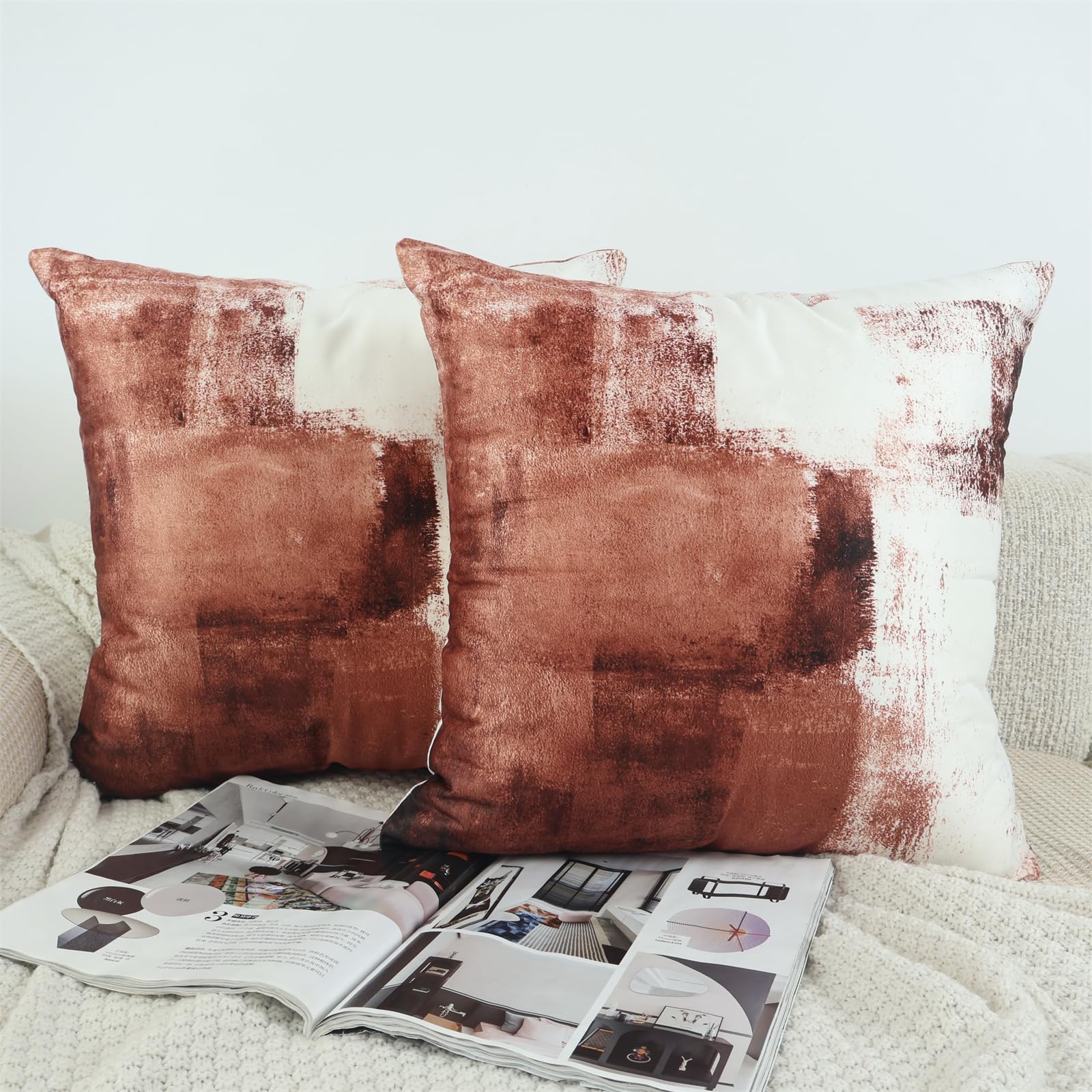 OYIMUA Velvet Rust Cushion Covers 45 x 45 Set of 2 Abstract Art Decor Pillow Covers Decorative Cushion Cover 18x18 for Outdoor Garden Blench Living Room Sofa