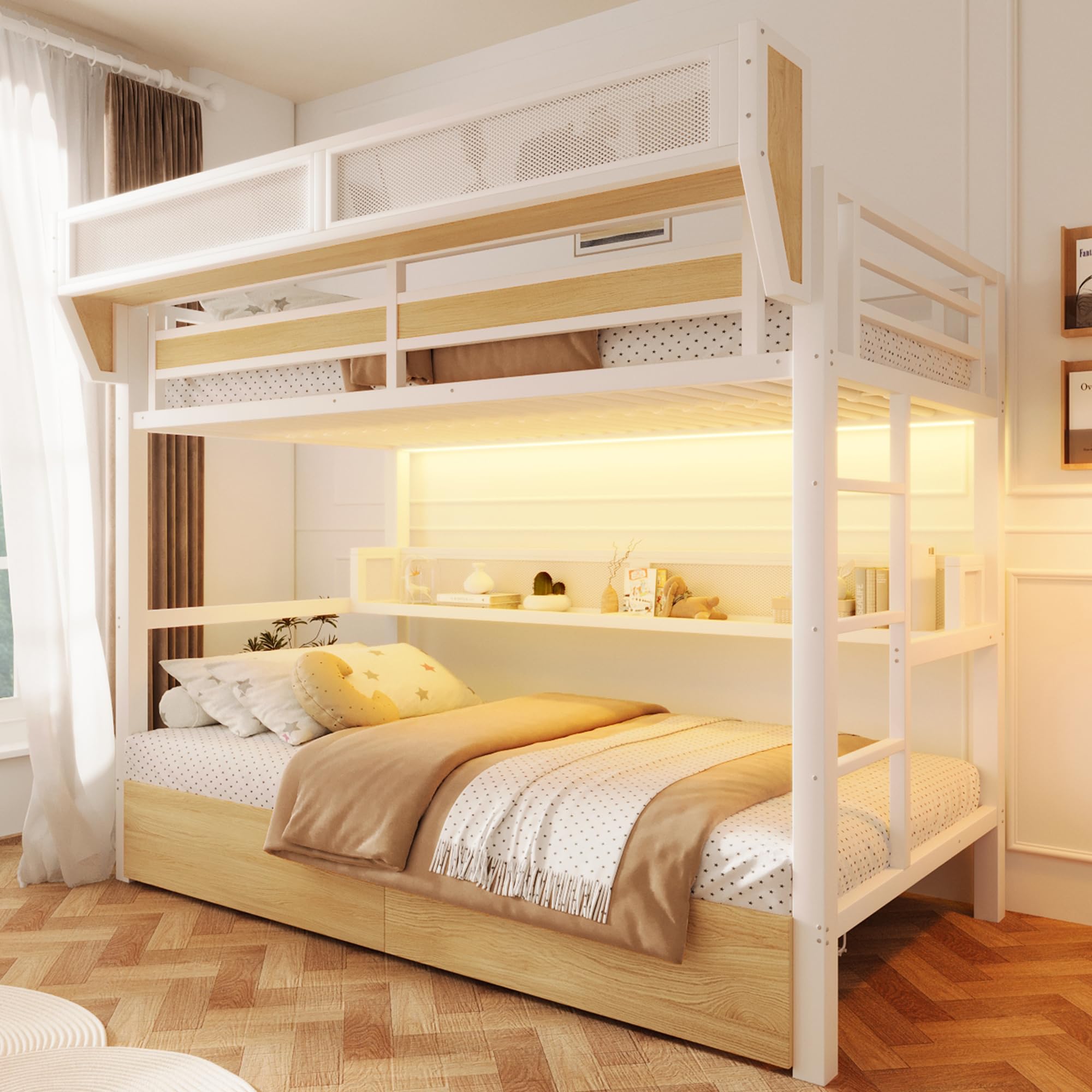Moimhear Letto a castello, letto in ferro, cestino portaoggetti, luce LED, bianco: 90 x 200 cm