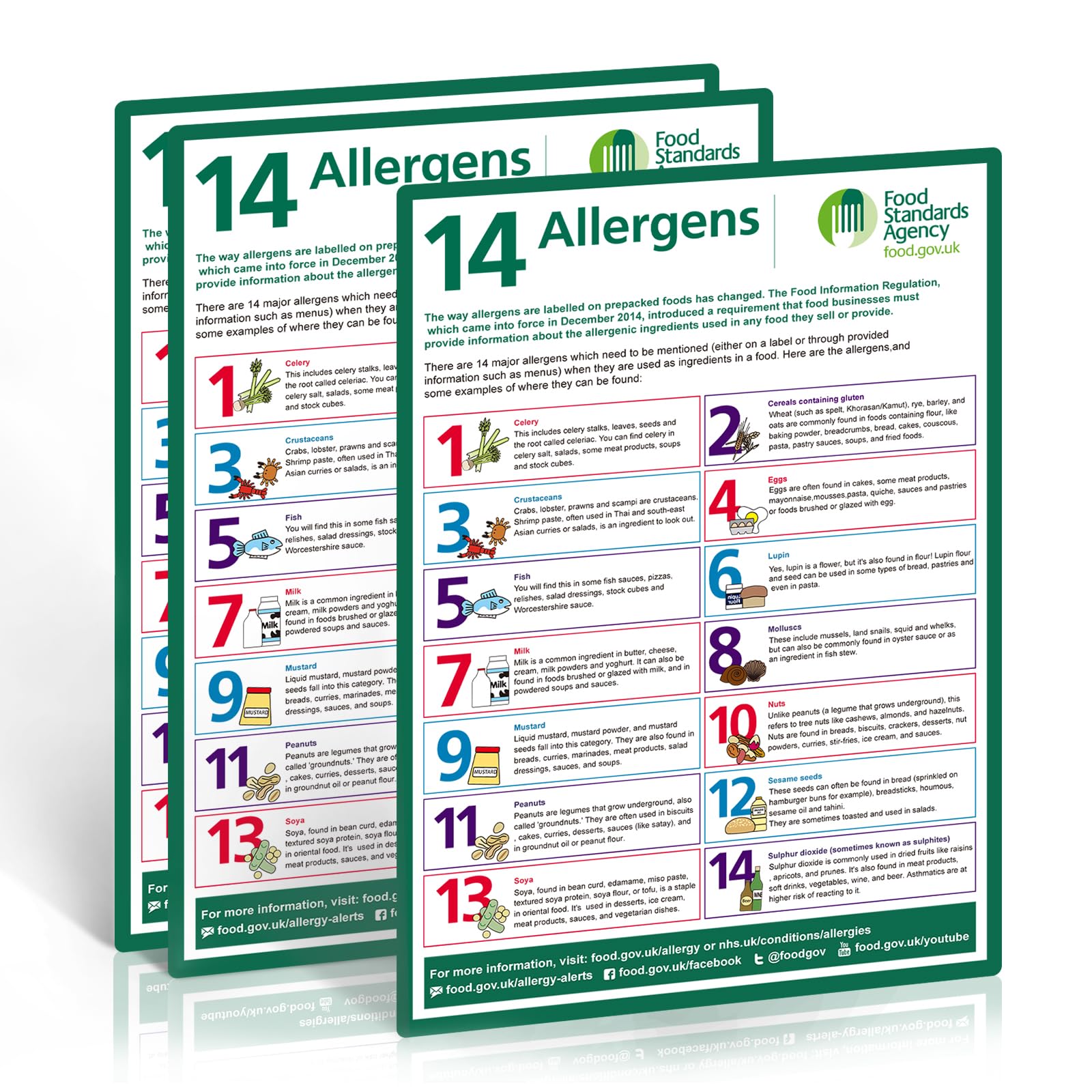 14 Food Allergens Poster 3 Pack – A4 Self-Adhesive Vinyl Sign (297x210mm), Waterproof Oil-Resistant UV Printed, FSA Compliant Allergy Awareness Notice for Kitchens, Restaurants & Takeaways