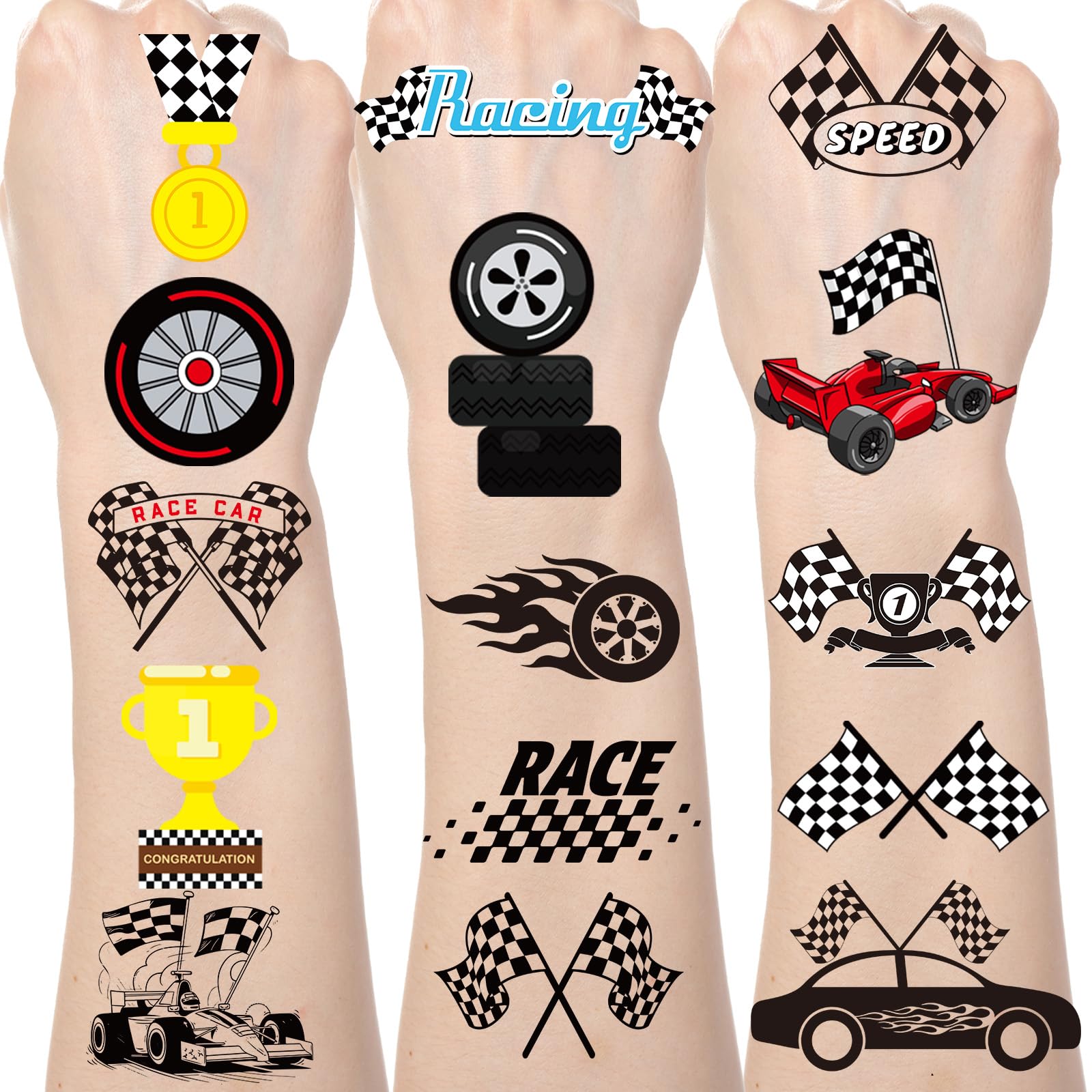 Lovarywow Race Car Temporary Tattoos - 200+ Race Car Party Favors Checkered Flag Fake Tattoos Stickers Gifts for Boys Black White Racing Car Birthday