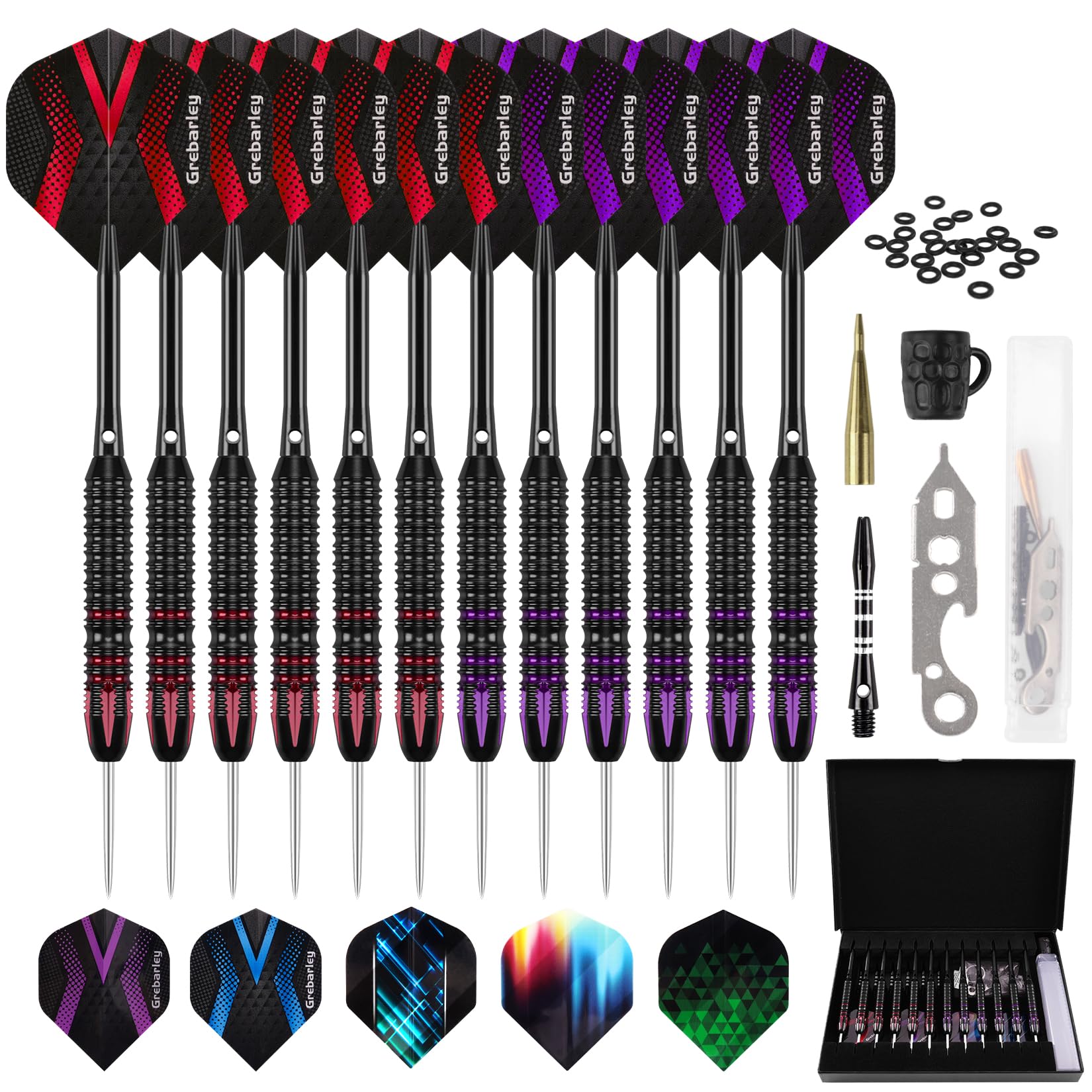 Grebarley Dartpfeile mit Metallspitze,12 Stück Profi Steeldarts 18 Aluminium Schaft mit 9 Flights 20 Orings