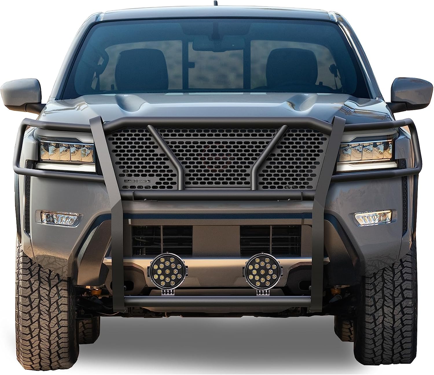 Black Horse Rugged Heavy Duty Grille Brush Bumper Guard Modular Black Come with Pair of 7.0" Dia.LED Lights with Black Trim Rings Compatible with 2022-2026 Nissan Frontier-RU-NIFR22-B-PLB