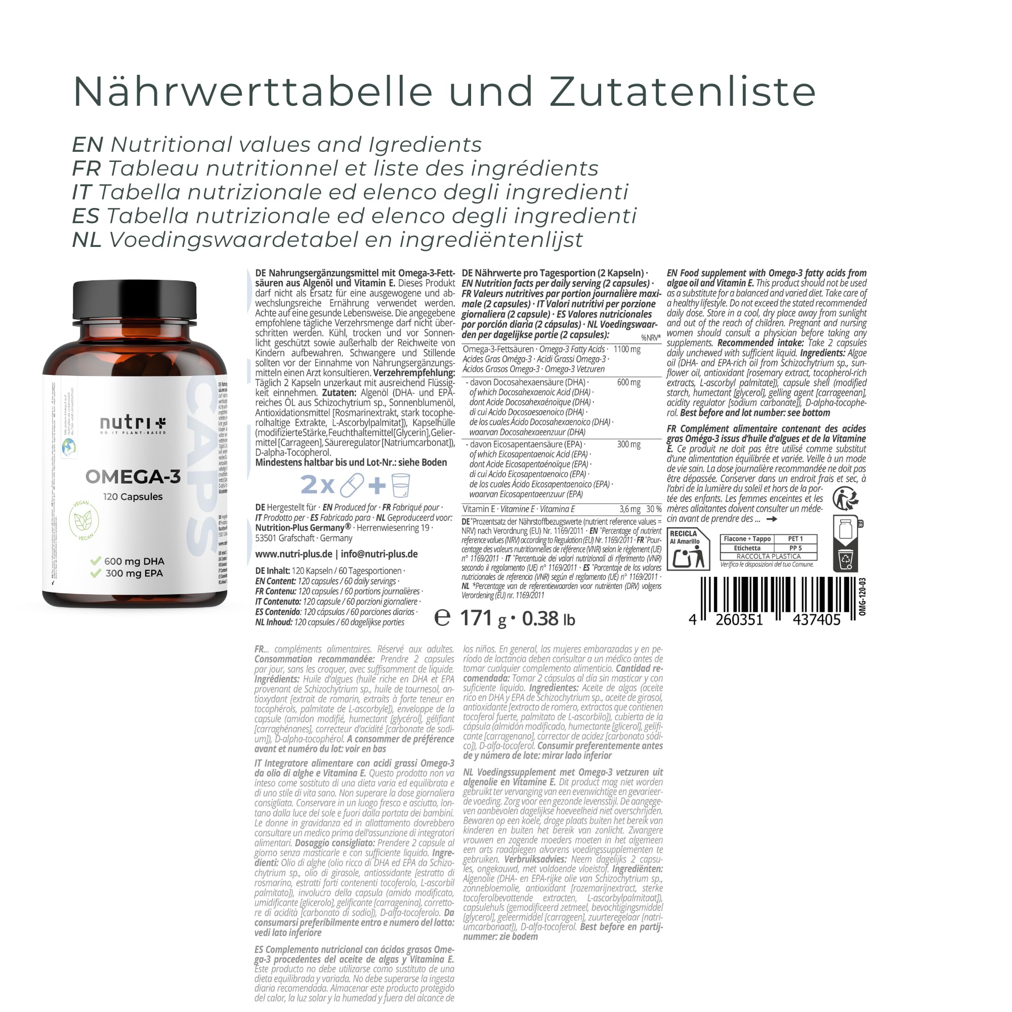 Nutri+ Vegan Omega-3-2000 mg di Olio d' Alga alto Dosaggio 600 mg di DHA e 300 mg di EPA - Capsule vegane di Omega-3 alta Qualità - testate in Laboratorio - 120 Caps