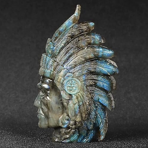 Figuras de cabeza talladas a mano con calavera de cristal de labradorita de 3.2 pulgadas, escultura de arte, piedras preciosas curativas