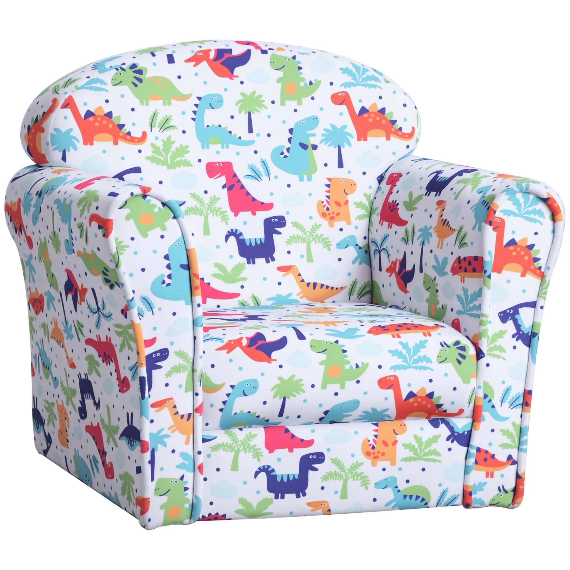 HOMCOM Sillón Infantil Sofá para Niños +18 Meses con Estampado de Dinosaurios Estructura de Madera Acolchado de Espuma y Tapizado de Franela 50x39x44 cm Multicolor