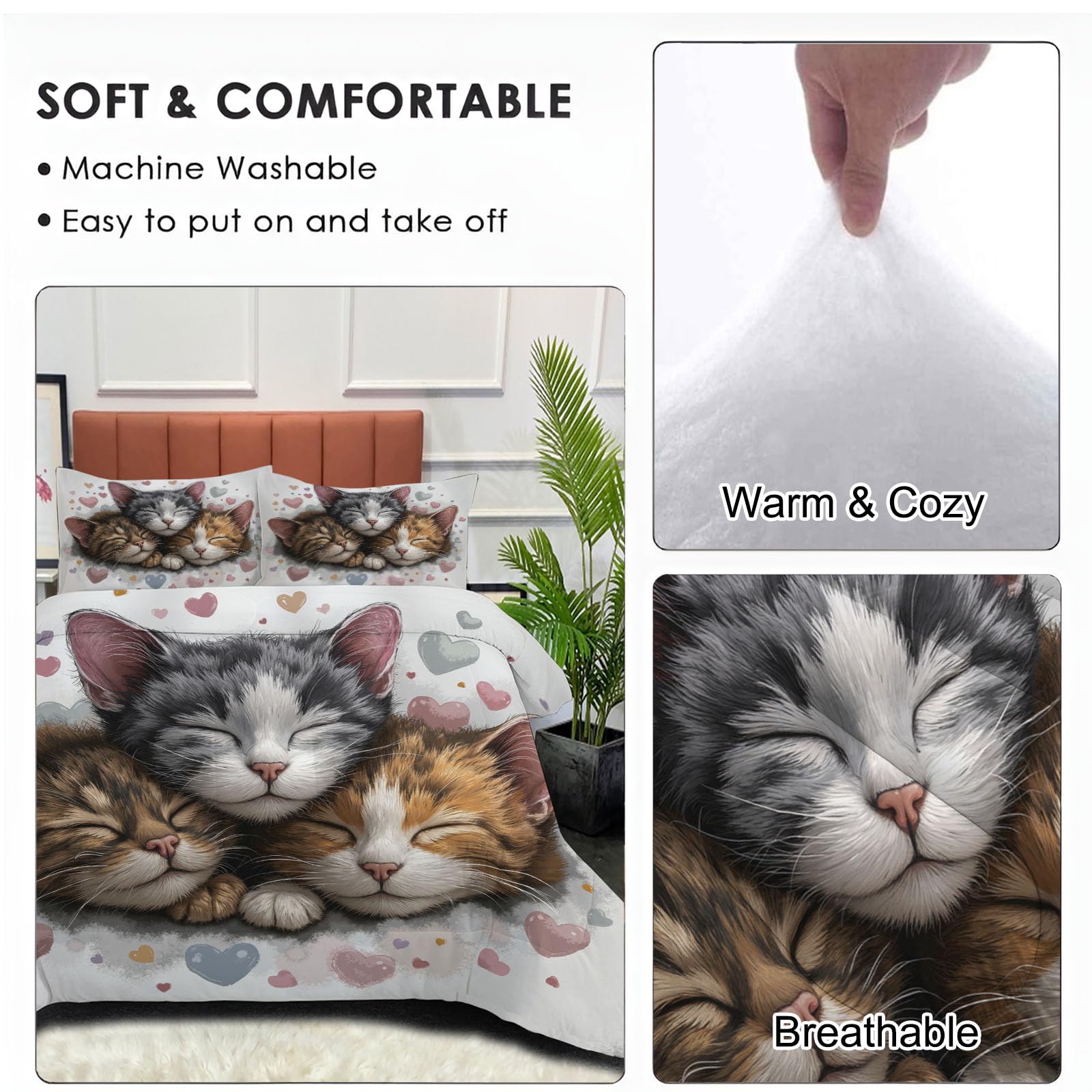 Trapunta Letto Singolo 4 Stagioni Piumone per Bambini, Cartone Animato Tre Gatti Leggero Carini Animali Set di Biancheria da Letto 140x200cm con 1 Federe,Piumino Lavabile In Lavatrice