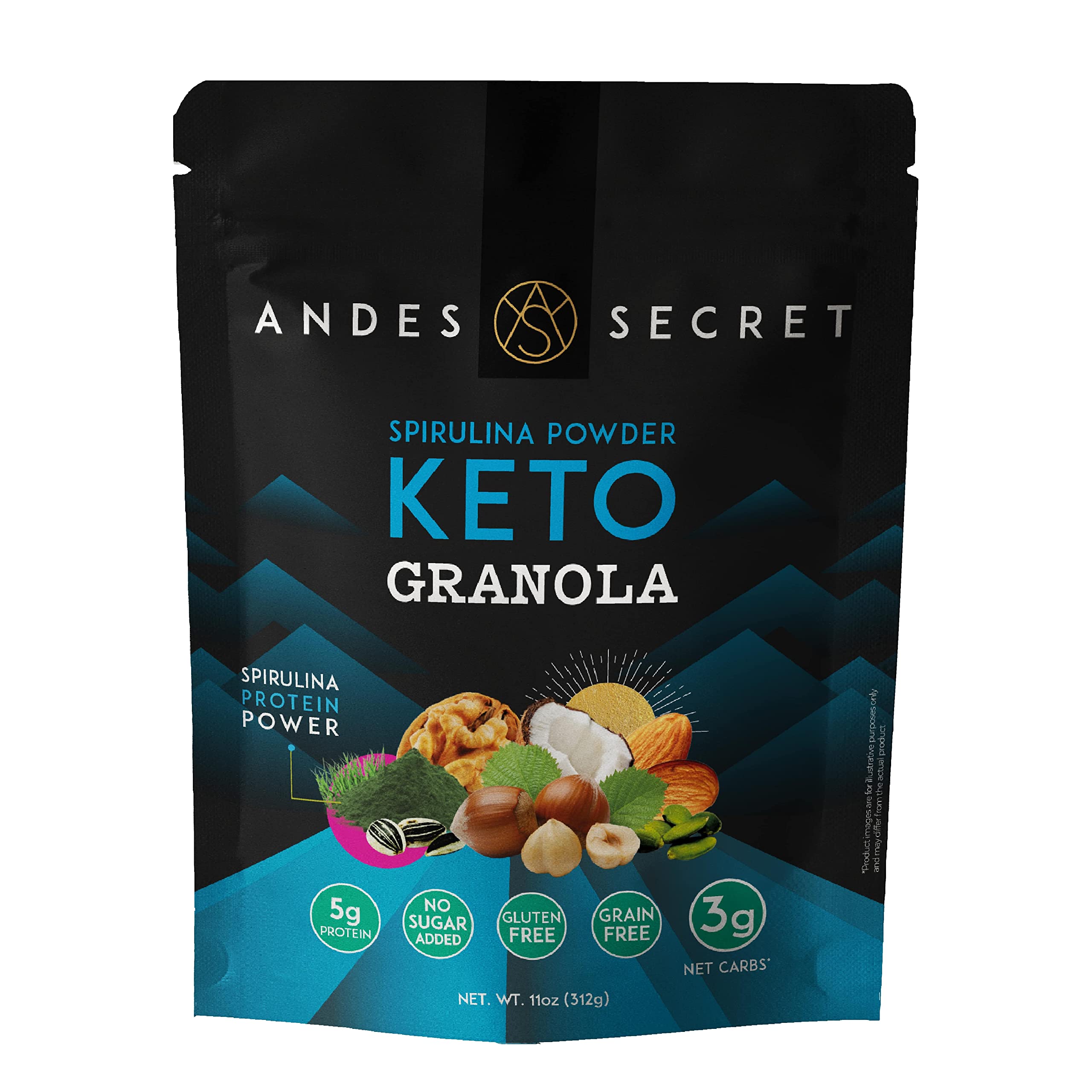 Andes Secret Spirulina Powder Granola - Almonds, Walnuts & Hazelnuts - Keto High Protein Granola with No Sugar, Grain & Gluten Free - 11 oz (1 Pack)