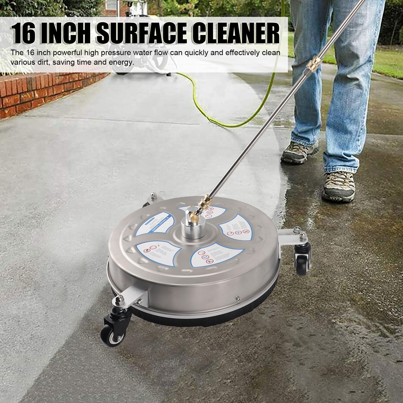 TOPINCN Limpiador de Superficies de Lavadora a Presión de 16 Pulgadas con 3 Ruedas, Lavadora Eléctrica con Carcasa de Acero Inoxidable con 2 Varillas de Extensión para Concreto,