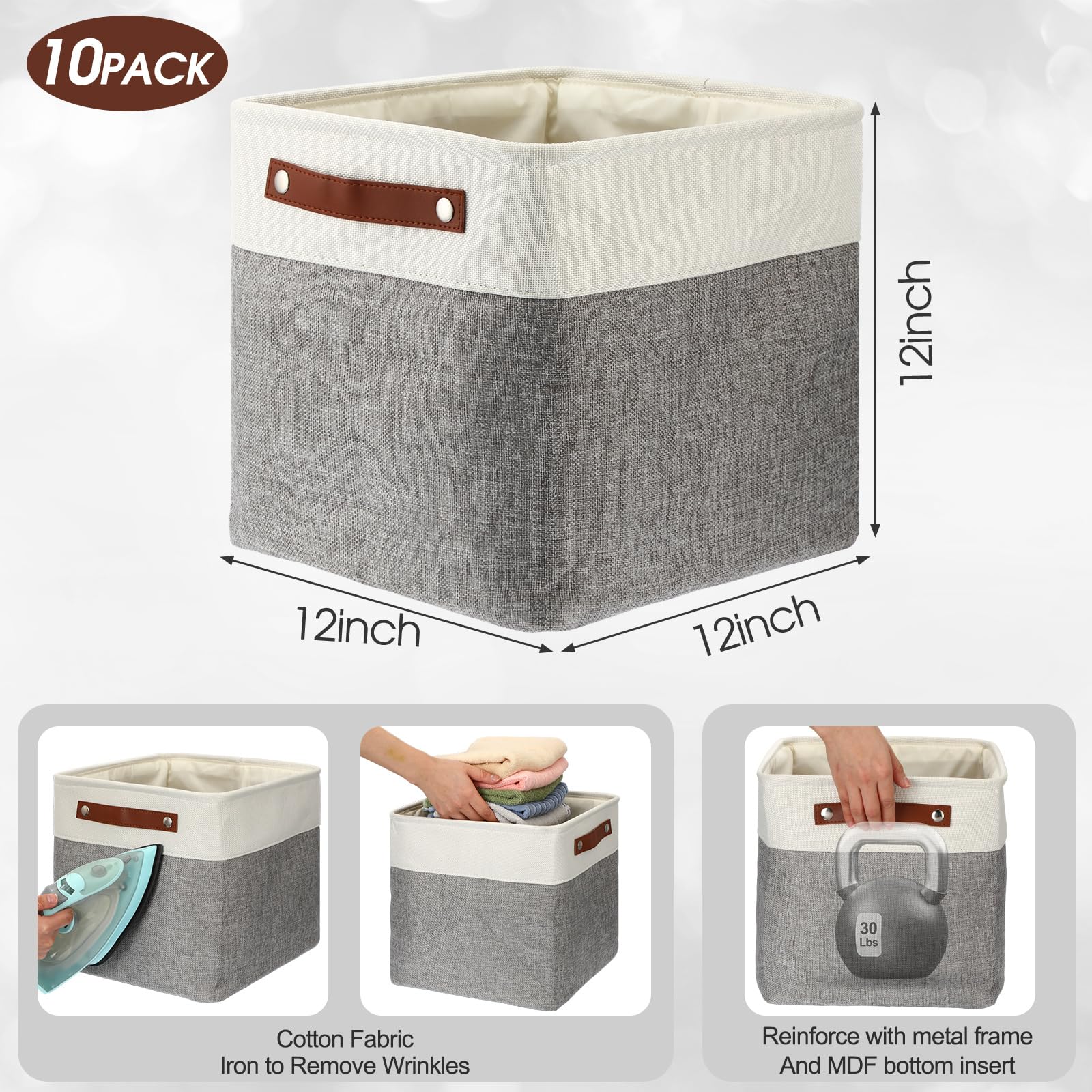 Uiifan 10 cestini portaoggetti pieghevoli in tessuto, con manici, in lino, per scaffali, casa, armadio, asilo nido e giocattoli (grigio e bianco, 30,5 x 30,5 x 30,5 cm)