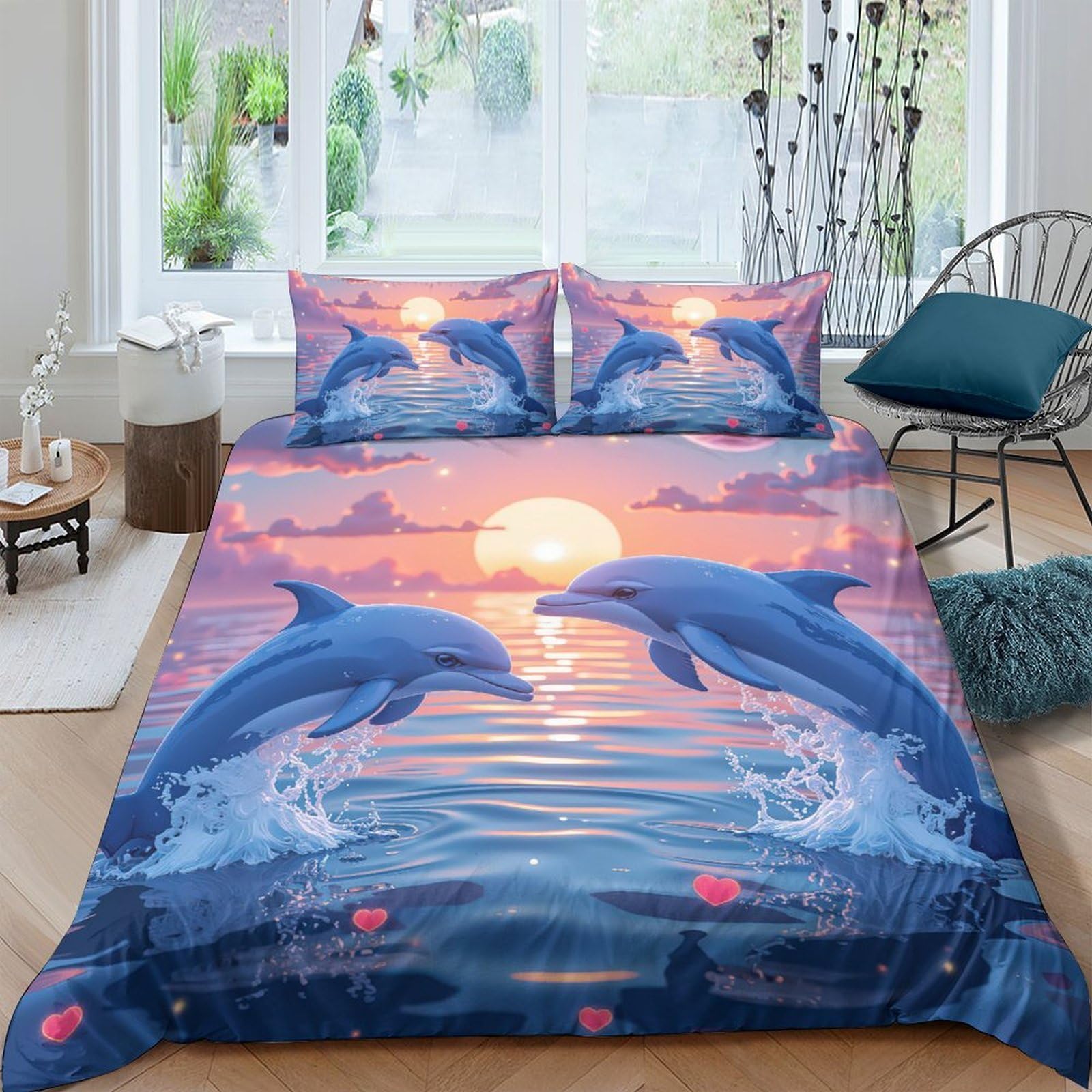 Ctjqhvkz Style-8 3D Printed Ocean Sunset Fitted Sheet Microfiber Soft Dolphin Pattern Mattress Cover For Bedroom Guest Room Decor Single（135X200cm）
