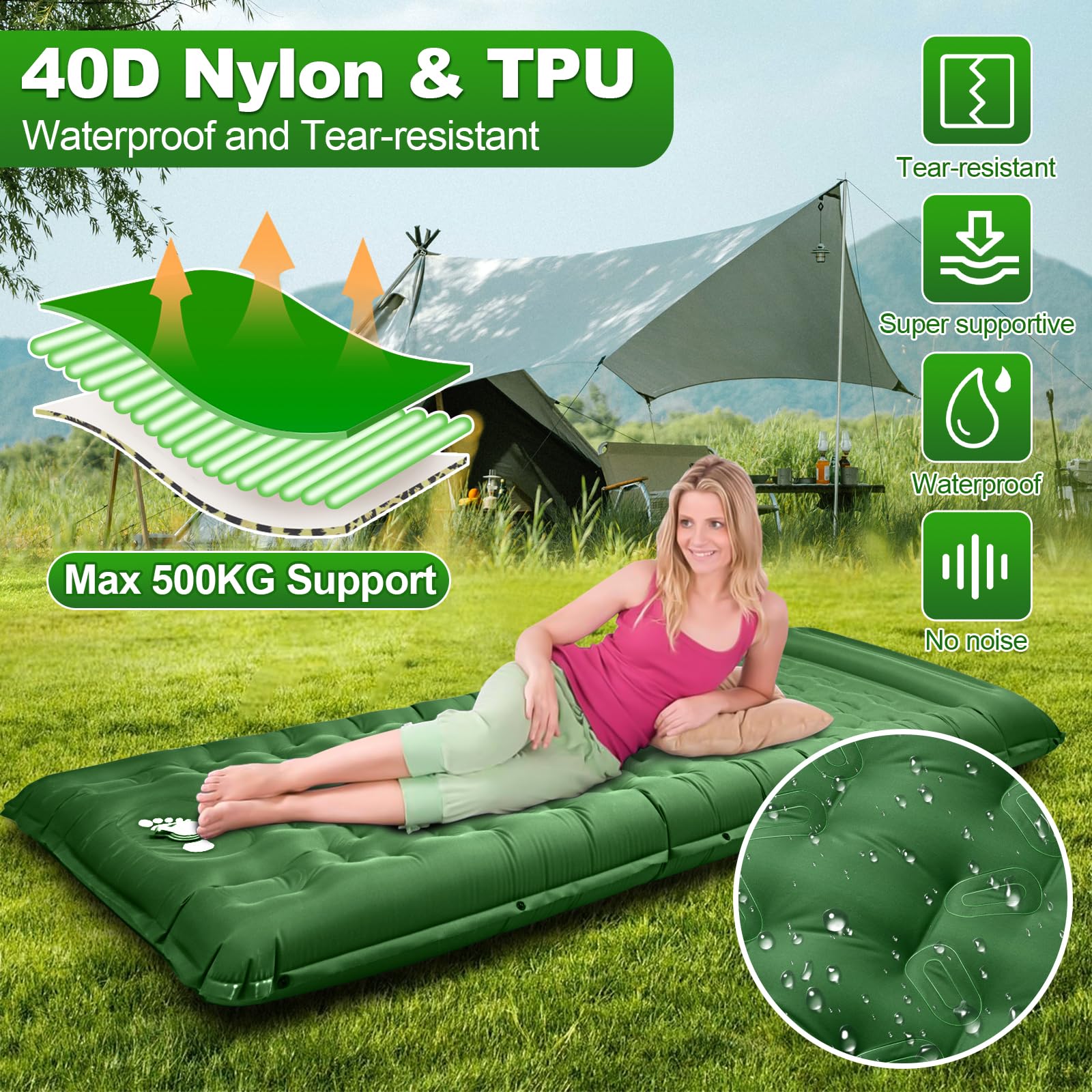 Colchón Hinchable para Camping, Colchon Ultraligera, Esterilla Camping con Bomba de Pie, Colchoneta Inflable para Viajes, Exteriores, Senderismo, Mochilero-Verde