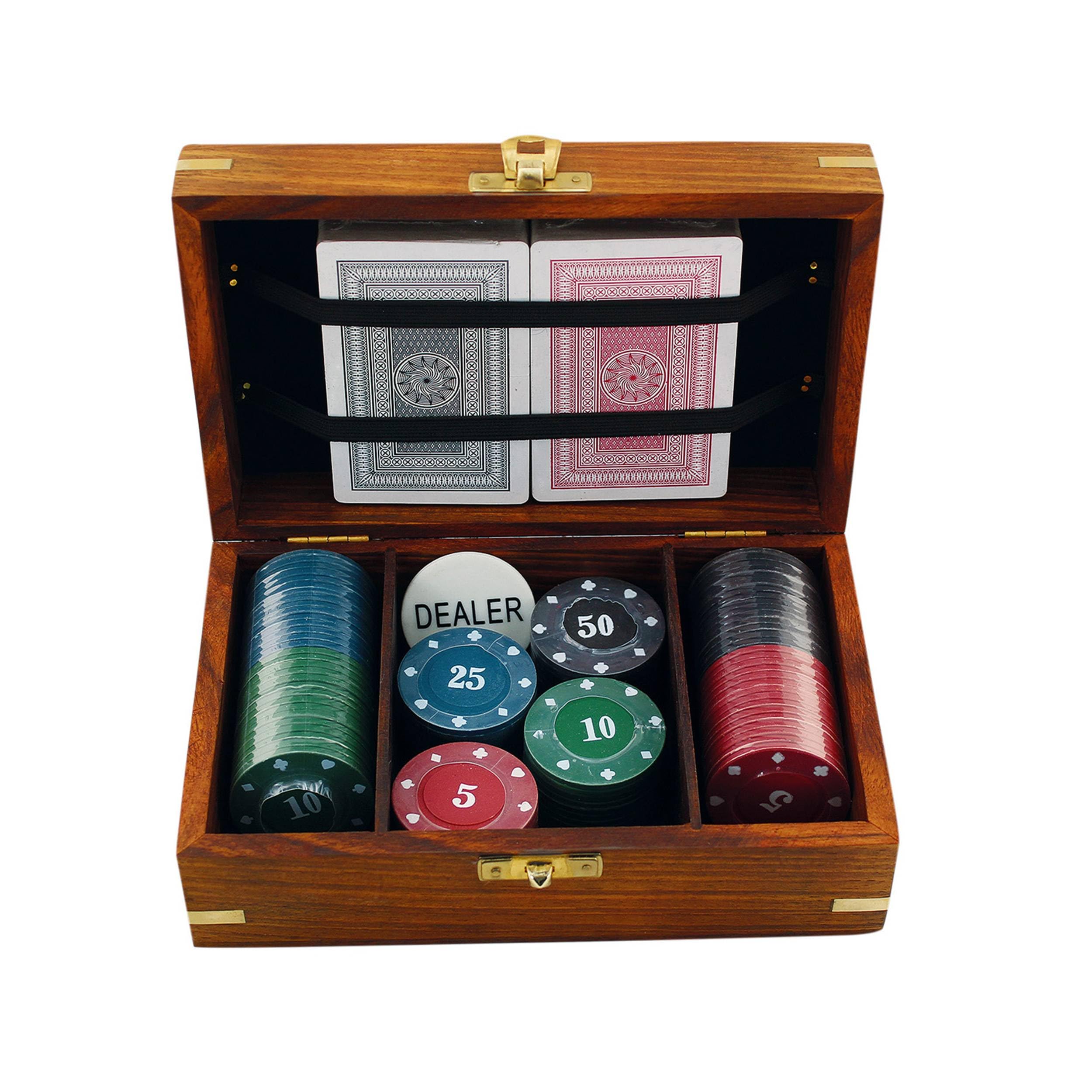 NKlaus Set da poker con 100 chip e dealer in scatola di legno, 18,5 x 11,5 x 7 cm, decorazione nautico 15987