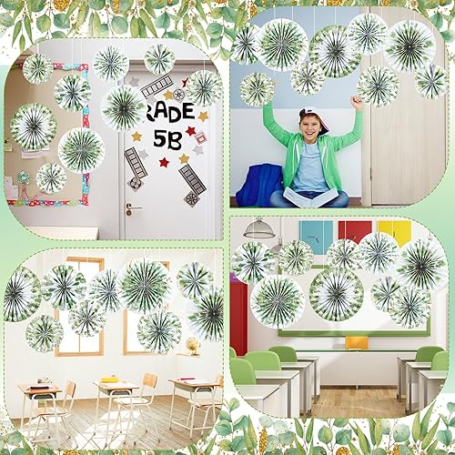 Miniatura 5 de 18 abanicos de papel colgantes de eucalipto para decoración de regreso a clases, guirnaldas redondas de eucalipto, tablón de anuncios, decoración de