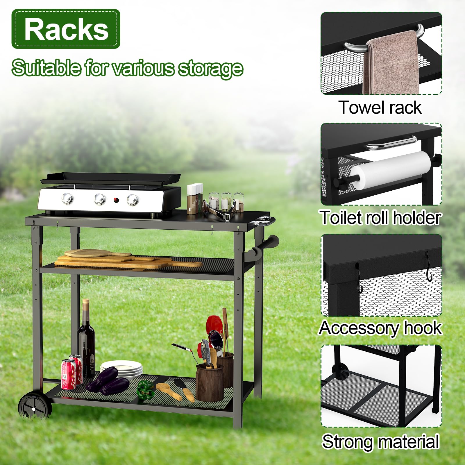 Carrito de barbacoa de metal, 3 niveles, carrito de cocina, con soporte para toallas de papel y ganchos, mesa auxiliar para exteriores (negro)