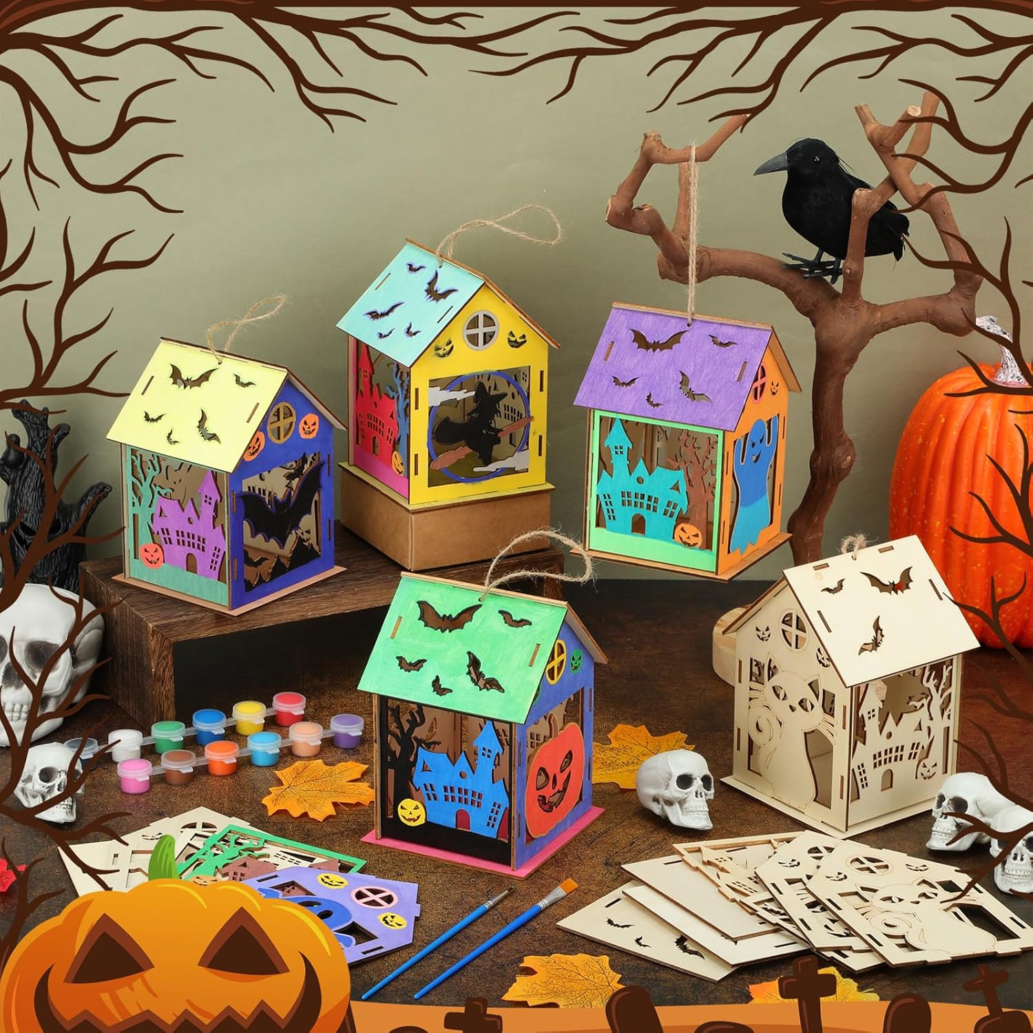 DoubleFill 24 Set Halloween Bird House Kits, Buildable DIY Birdhouse for Children, Wooden House, Arts and Crafts Set for Kids Adults Painting Halloween Party Decoration