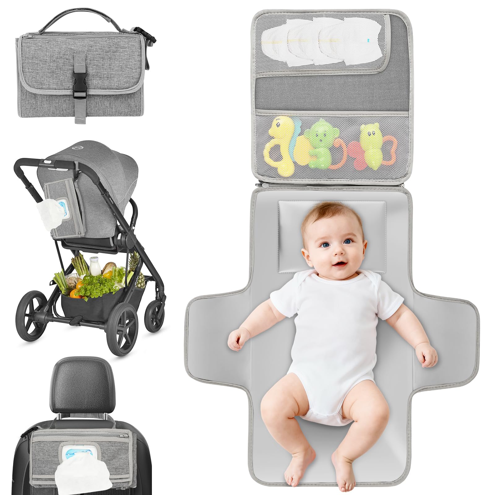 Fefod Wickelunterlage, Kombinierbare abnehmbare Wickelunterlage für Unterwegs mit 4 Fächern, Wasserdichte Faltbare Wickelauflage für Baby, Reise Wickelunterlage für Kinderwagen