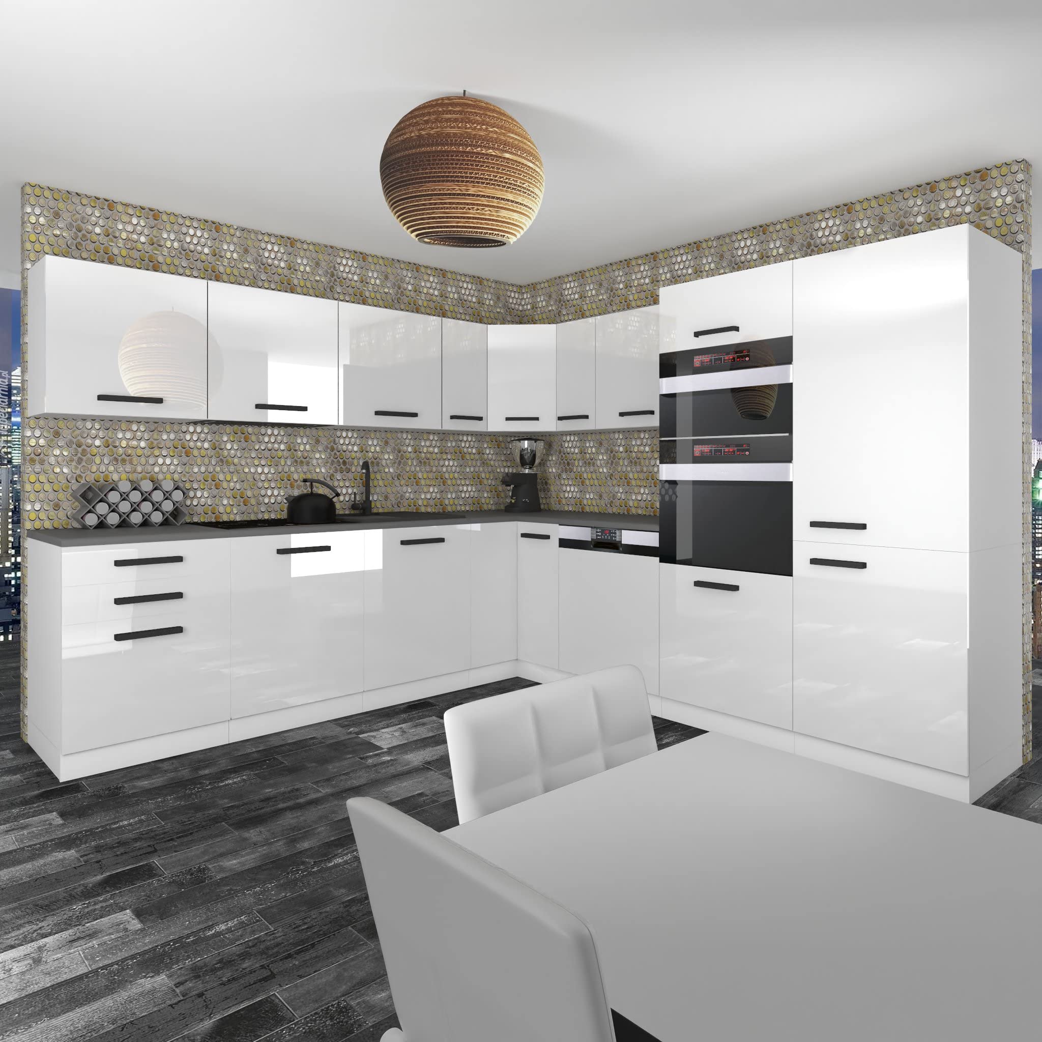 Belini Kitchen L Shape Jane, without Worktop, Glossy White | Kitchen furniture with hanging and bottom elements, luxurious design, durable and high-quality materials, easy installation