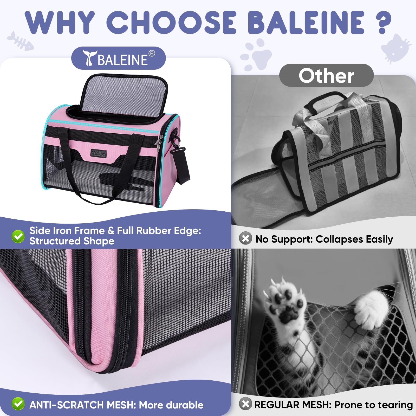 BALEINE Cat Carrier, Puppy Dog Carrier for Small Medium Pets Up to 22 Lbs, Soft-Sided Dog Travel Bag with Safety Zippers, Collapsible Pet Carrying Case (Pink, XL, 19"x12"x12") - image 7