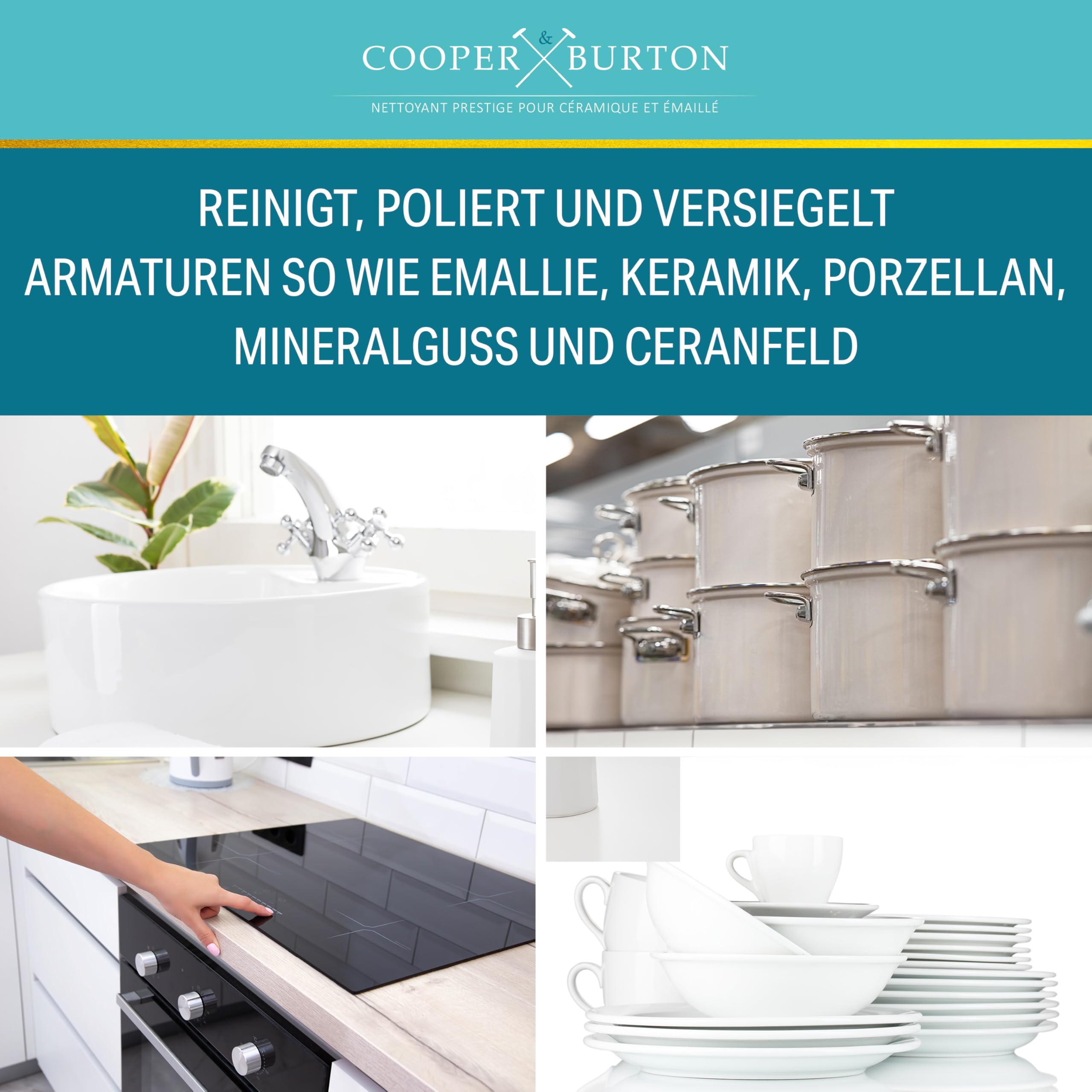 Środek czyszczący do ceramiki, emalii, porcelany, do czyszczenia i pielęgnacji armatury, wanny, umywalki, płyty ceramicznej, środek czyszczący 0,5 kg + 4 x ściereczka do czyszczenia i gąbki COOPER