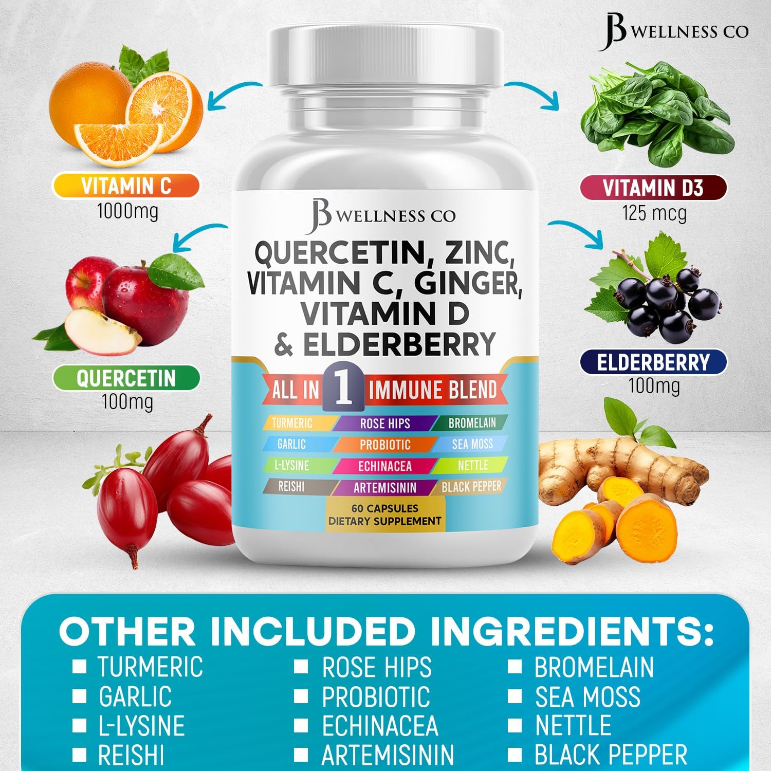 JB Wellness Co Quercetin Zinc Vitamin C Vitamin D Bromelain Elderberry - Nettle Supplement with Artemisinin, Sea Moss, Echinacea - 120 Count