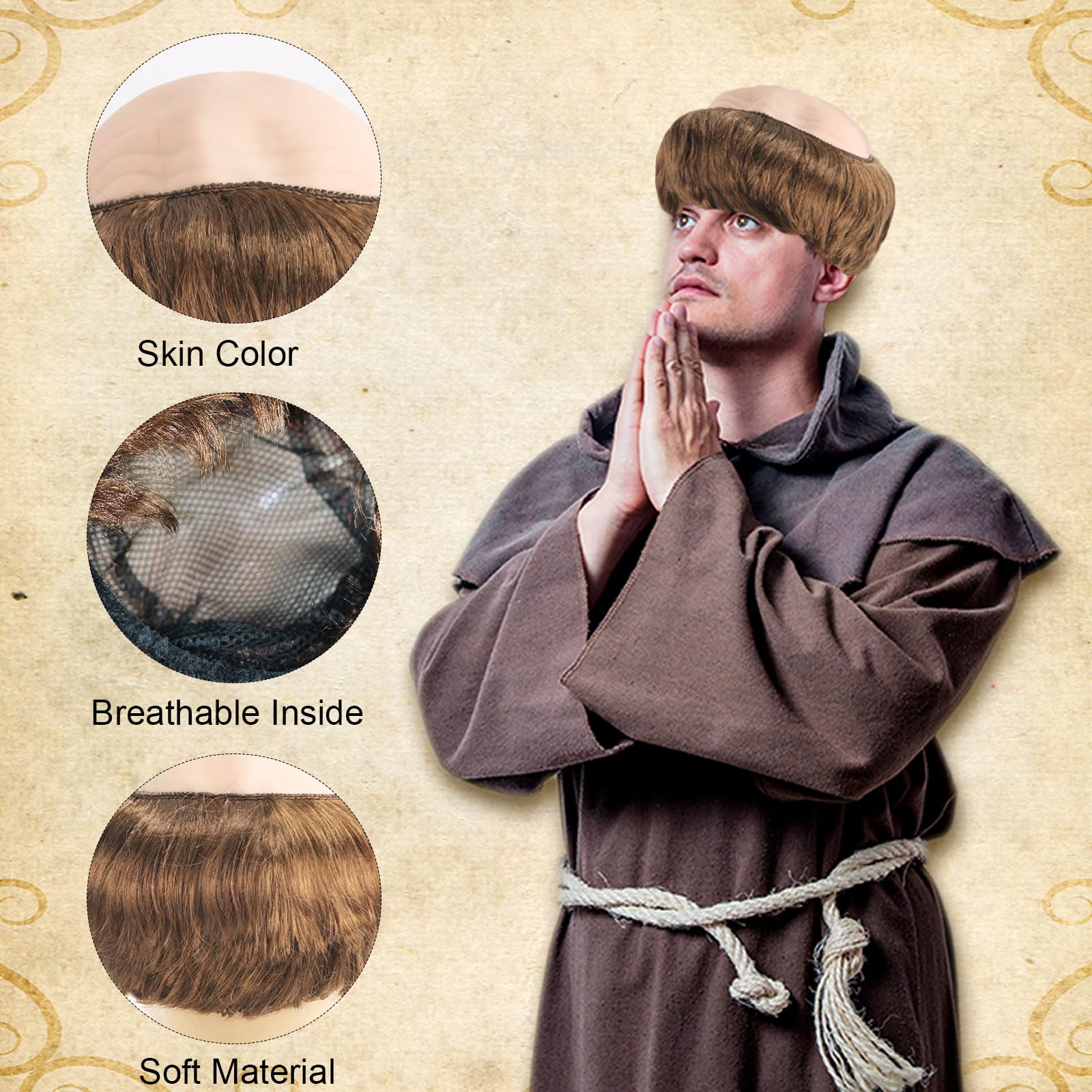 FOUNSHO Monk Bald Cap Wig Short Straight Hair, Men's Fancy Dress Bowl Cut Funny Wig - Image 4
