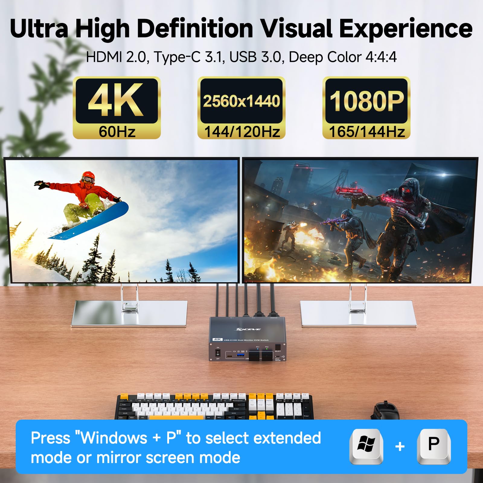Switch KVM 2 Monitor per 1 Laptop 1 Desktop PC, USB 3.0 KVM Switch 2 PC 2 Monitor USB-C, 4K @ 60 Hz, MST, PD 100 W, Aluminium, Wired Remote(4K USBC HD 2 in 2 out)