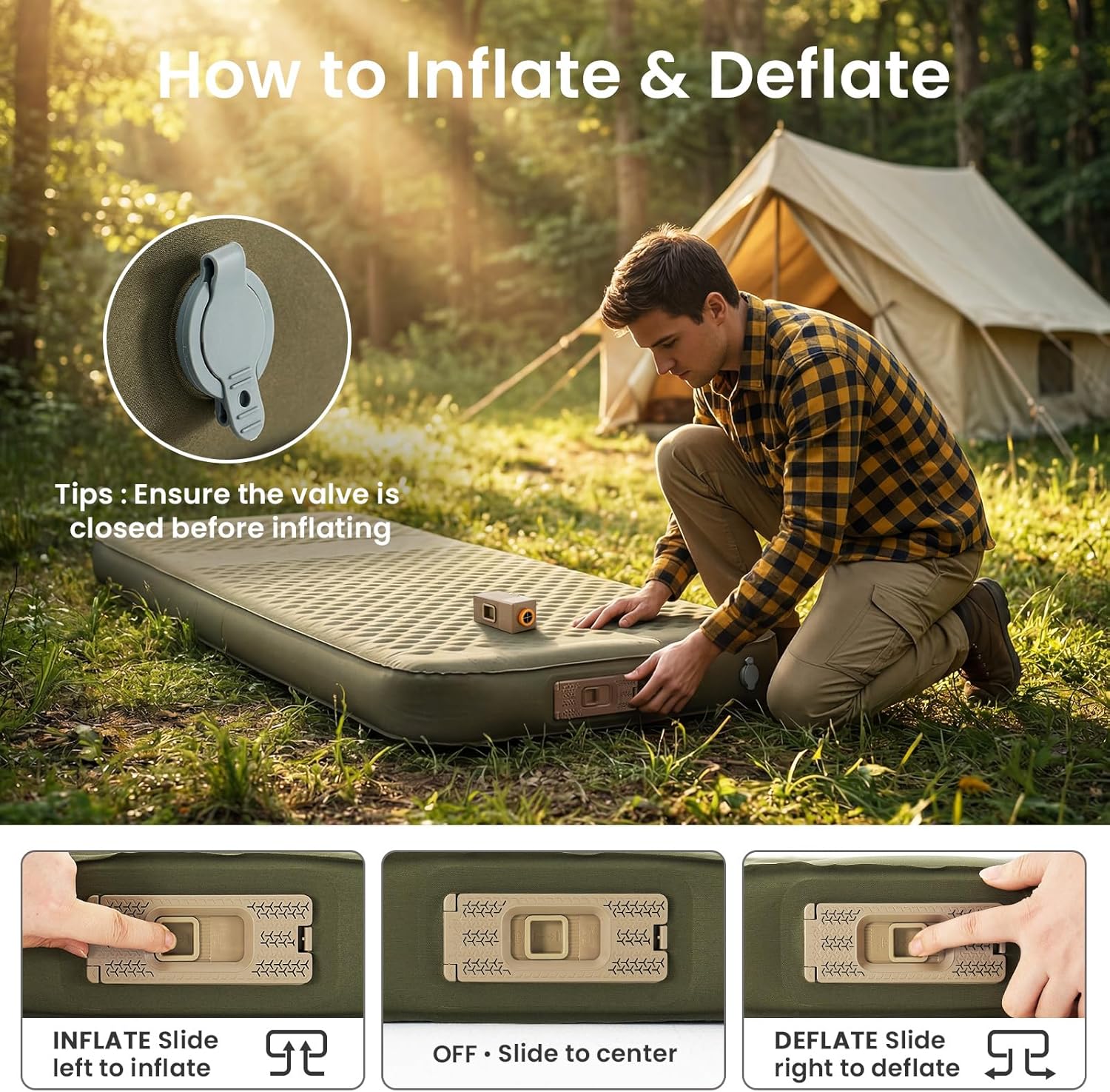 ABORON Sleeping Pad for Camping, 4" Thick Self Inflating Sleeping Pad with Built-in Pump, 4 Season Inflatable Sleeping Pad for Camping Cot, Tent & Car