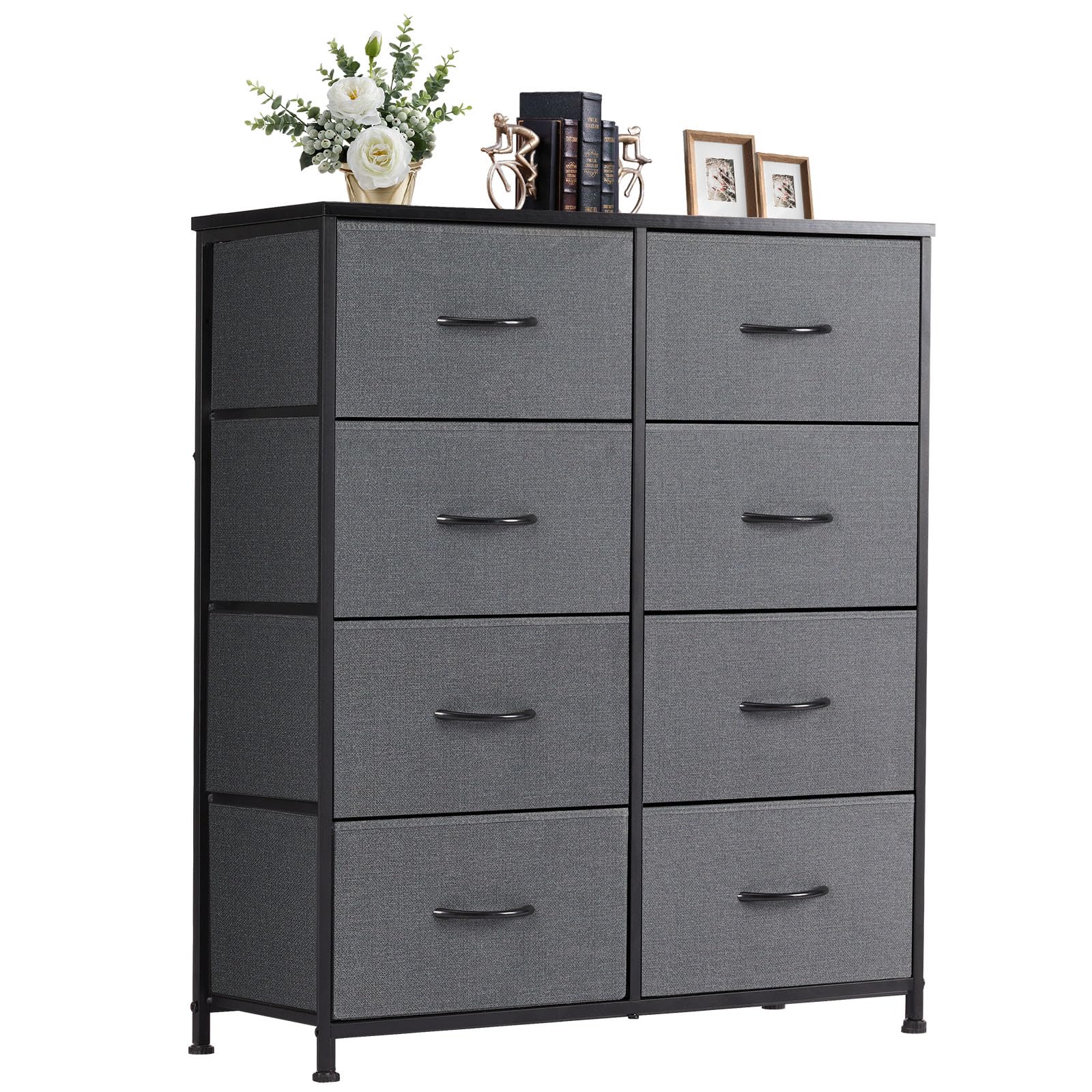 DUMOS 8 Drawer Dresser for Bedroom, Fabric Storage Organizer with Sturdy Metal Frame, Wooden Top Chest of Drawers for Closet Entryway Guest Room, Grey