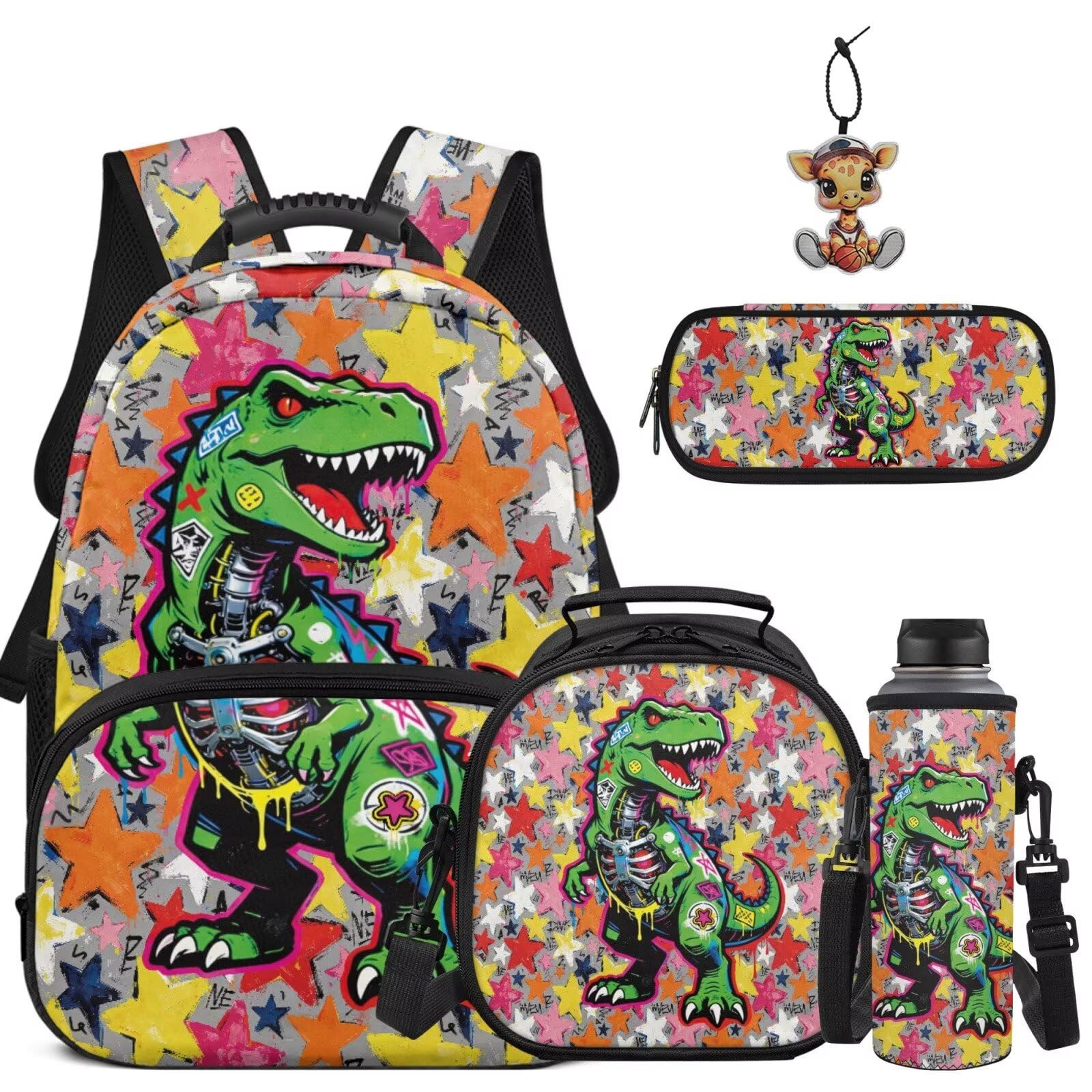 COEQINE Zaino per ragazzi 8-12 bambini borse scuola per 4-12 elementari con astuccio portachiavi portabottiglie d'acqua Bookbag, Dinosauro Neon Colore