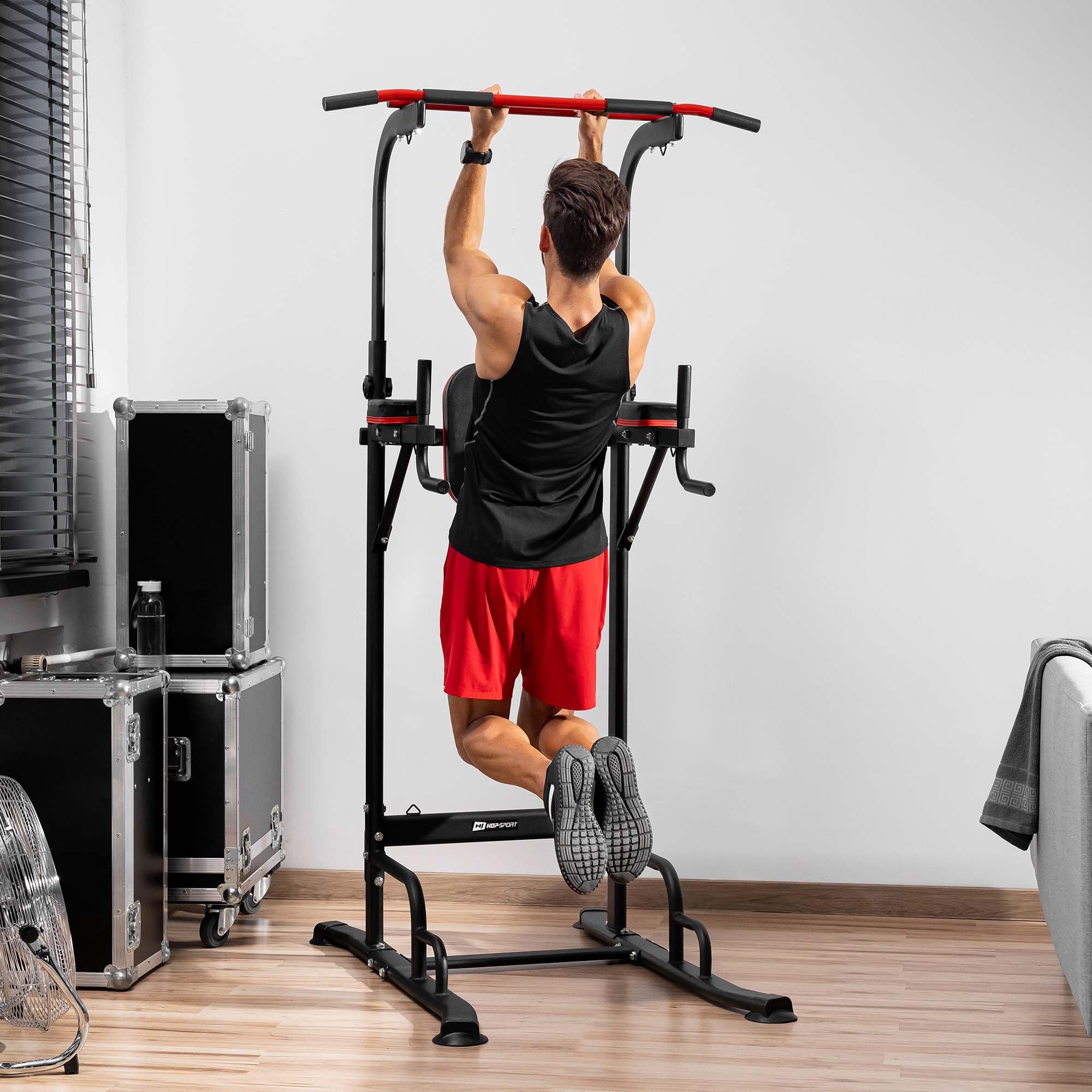 HOP-SPORT® Power Tower HS-1016K avec station de dips, tour de musculation multifonction complet avec barre de traction réglable, Chaise Romaine avec poignées antidérapantes 2 extenseurs, max. 150 kg