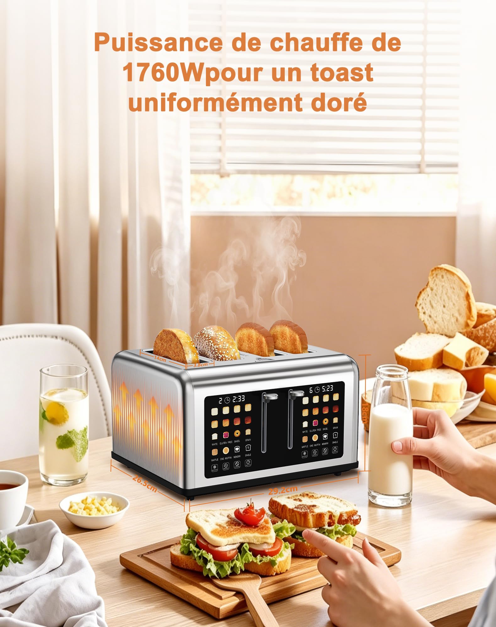 Grille pain 4 Fentes avec Tactile Contrôle Dual Indépendant, Toaster Fonction Décongeler/Réchauffer/Annuler/Mémoire/Décompte du temps restant, 8 Niveaux de Brunissemen, Tiroir ramasse-miettes amovible