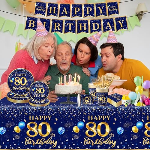 Miniatura 2 de Decoración de cumpleaños número 80 para hombre, juego de vajilla de cumpleaños azul marino y dorado (reserva para 20), incluye platos de feliz