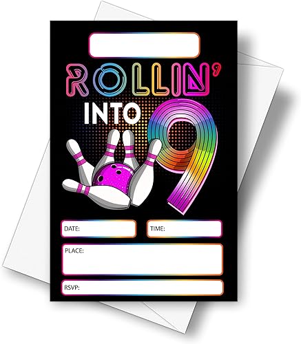 DETIHO Tarjetas de invitación para fiesta de 9 cumpleaños de 4 x 6 pulgadas con sobres, rodando en 9, invitación retro para fiesta de bolos, 20
