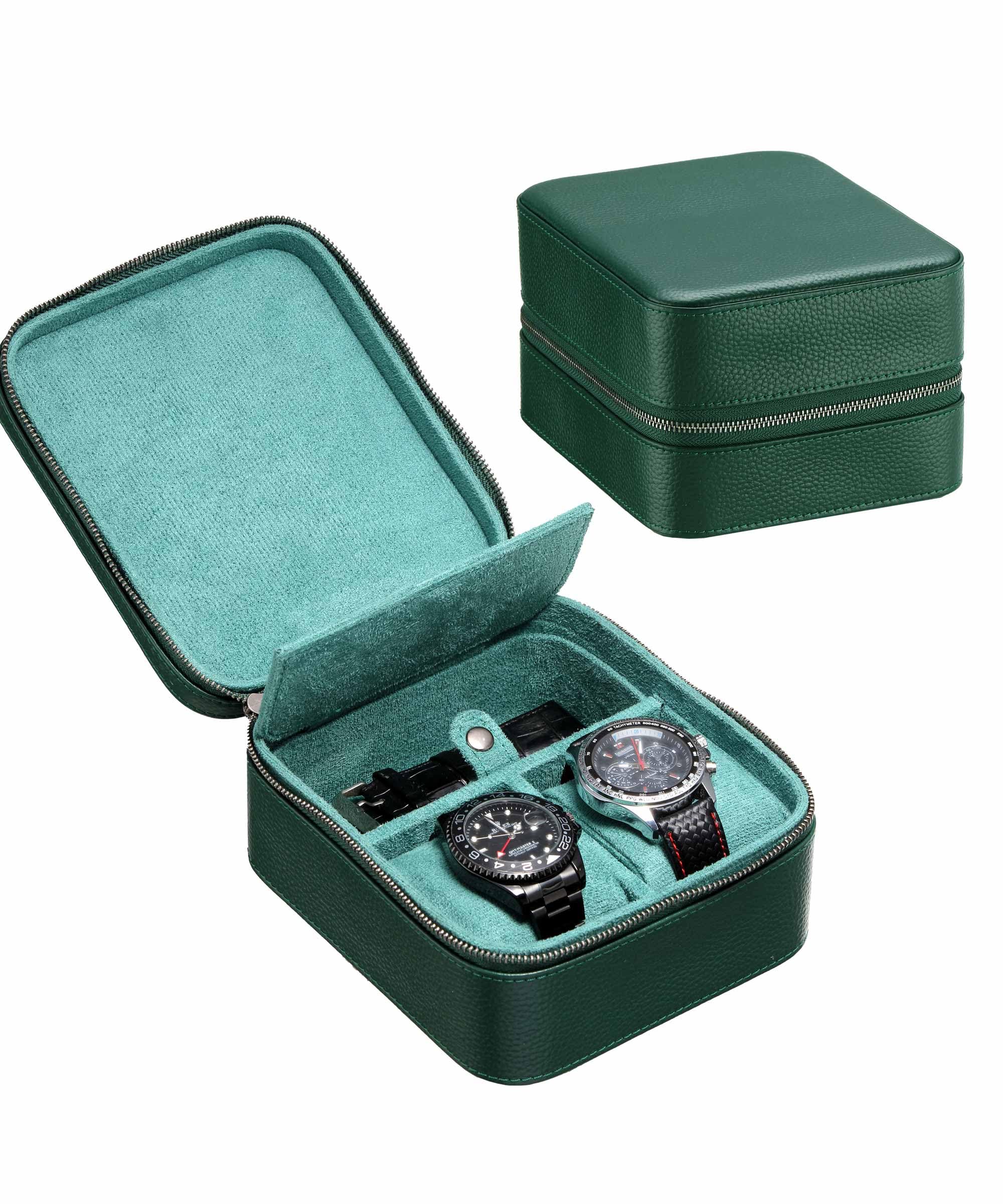 Étui de voyage pour 2 montres avec compartiment de rangement pour lunettes, en cuir pleine fleur, fermeture éclair de protection portable robuste, compatible avec toutes les montres et montres