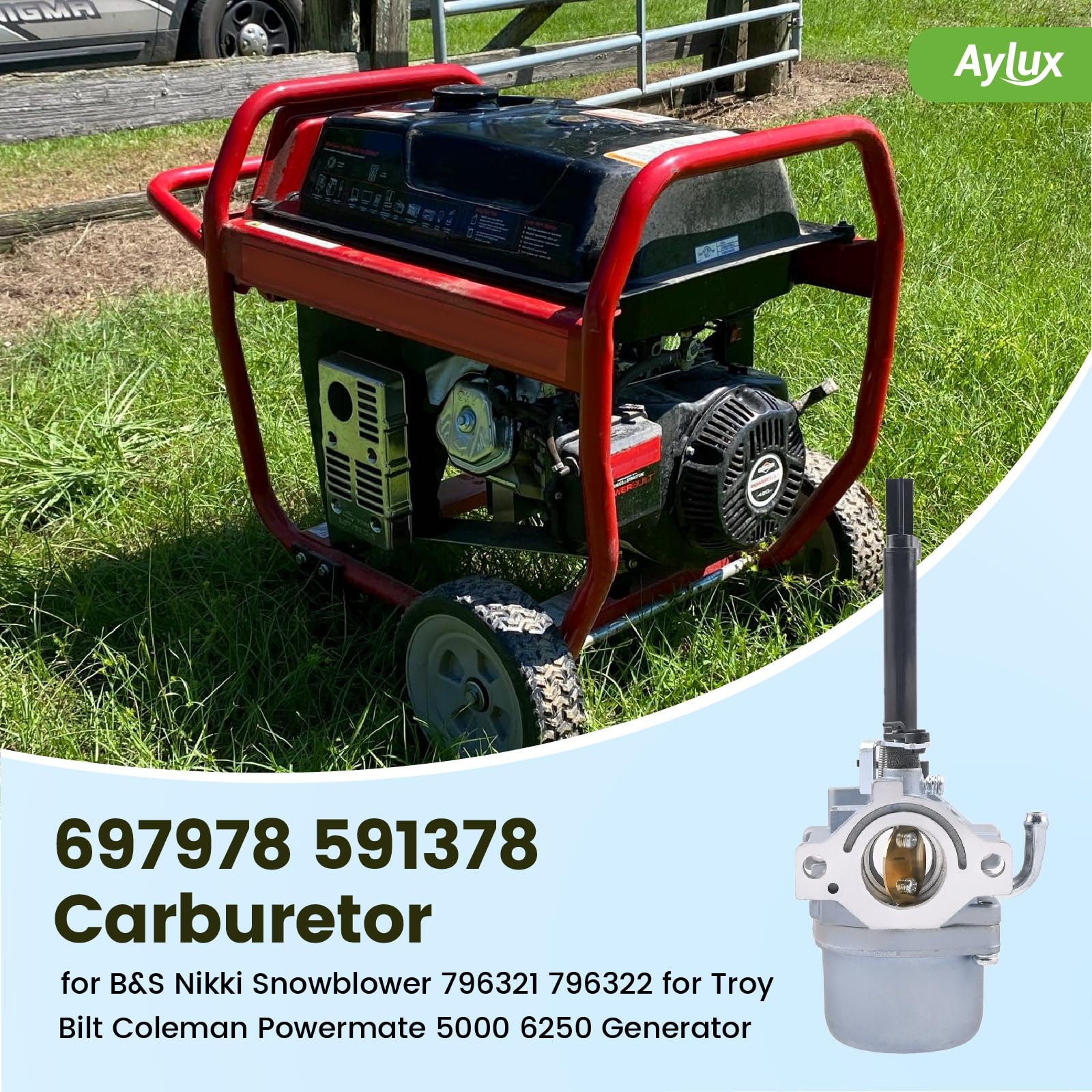 697978 591378 - Carburador con filtro para soplador de nieve B&S Nikki 796321 699966 696132 796322 compatible con generador Storm Responder 5500 para generador Troy Bilt Coleman Powermate 5000