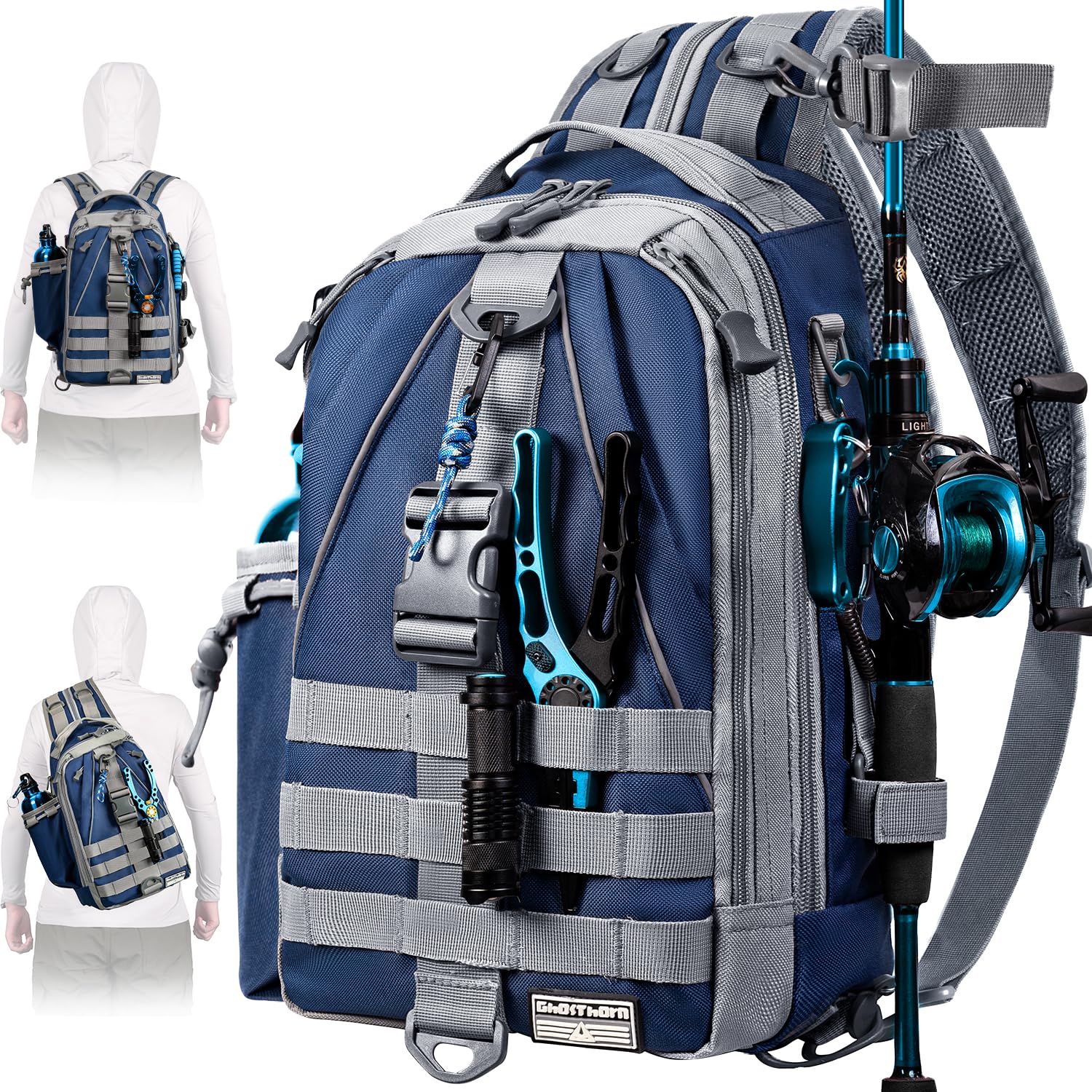 Ghosthorn Fishing Backpack Tackle Sling Bag-Backpack with Rod Holder- Lightweight Tackle Box Fly Fishing Gifts for Men Women