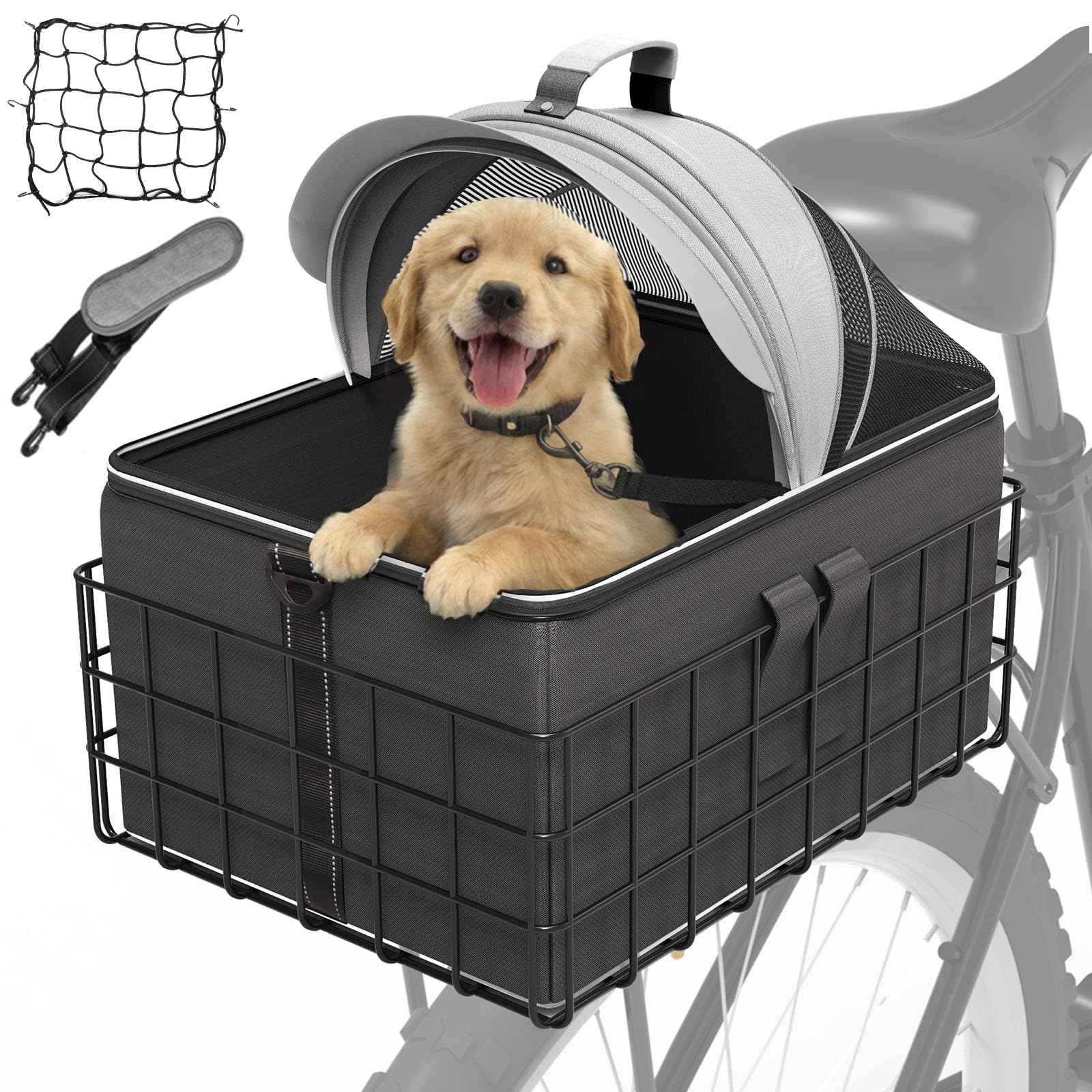 YEEGO DIRECT Dog Bike Basket for Rear Rack - 2-in-1 Pet Carrier & Cargo Basket, Detachable Dog Carrier for Bicycle with Safety Leash, Fits Small Medium Dogs & Cats up to 18LBS, Bike Dog Basket