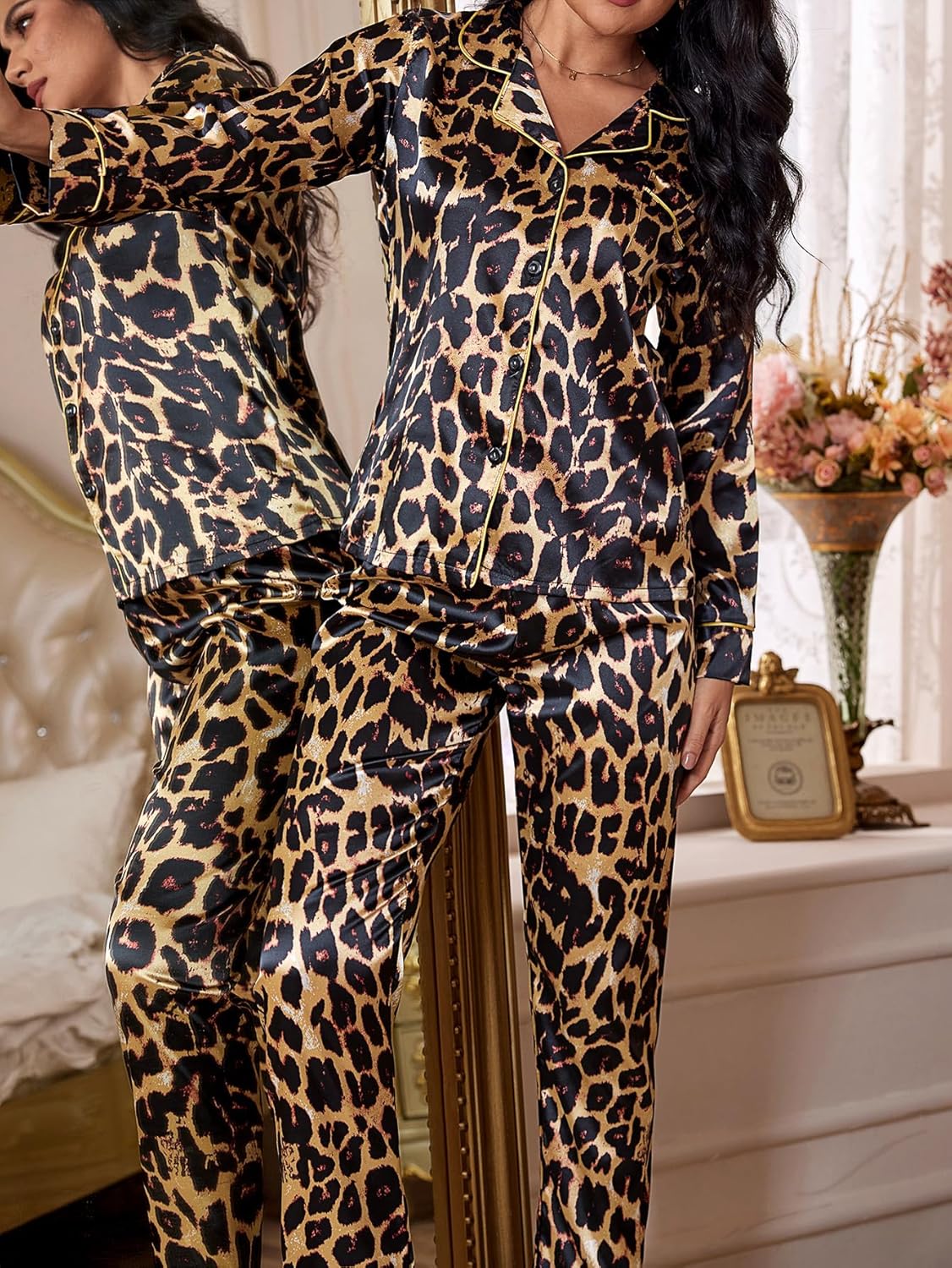 WDIRARA Women's 2 Piece Leopard Print Satin Pajama Set Long Sleeve Button Down Lounge Pants Sleepwear Sets - Image 4