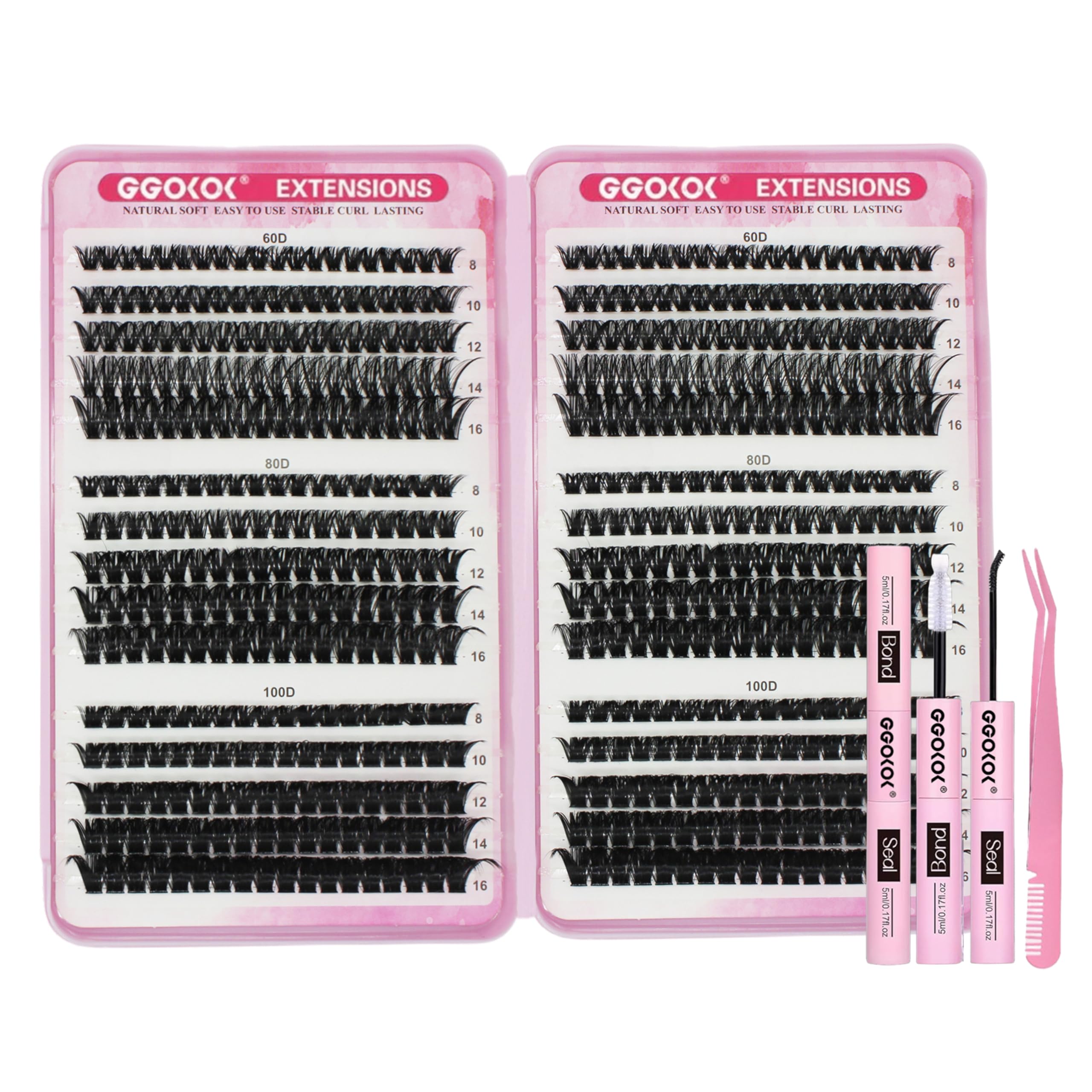 GGOKOK DIY Lash Clusters Kit 60D+80D+100D Fluffy Volume 8-16MM Thick Eyelash Extension Kit Individual Lashes Clusters Lash Bond and Seal Lash Tweezers(60D 80D 100D,Kit) - Image 2