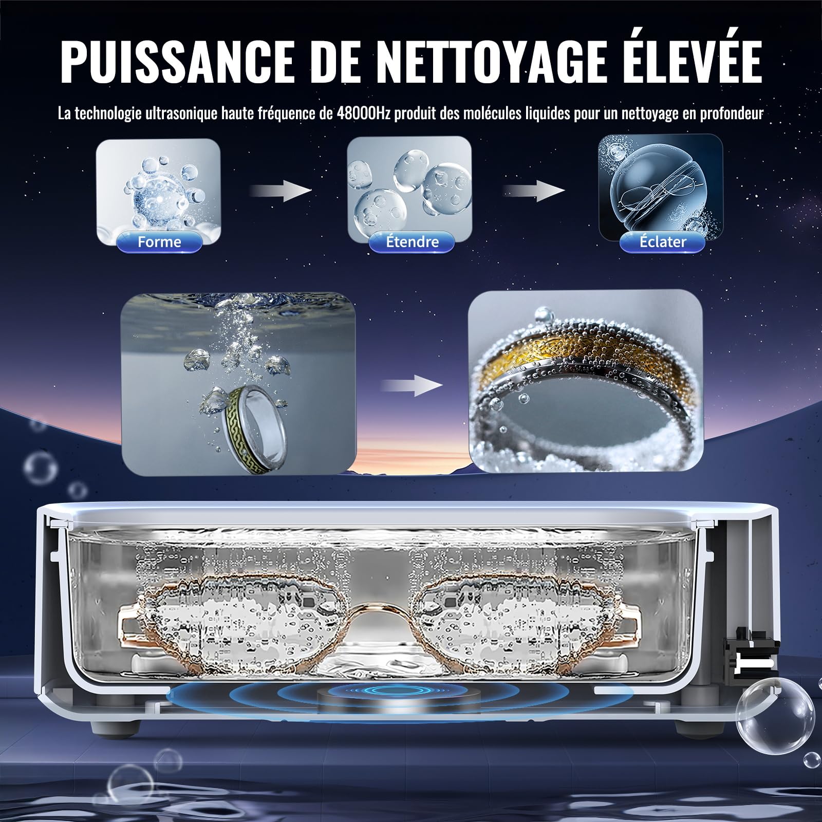 Nettoyeur à Ultrasons 48000Hz - Bac Inox 300ml, 4 Modes, Pour Bijoux, Lunettes, Prothèses Dentaires