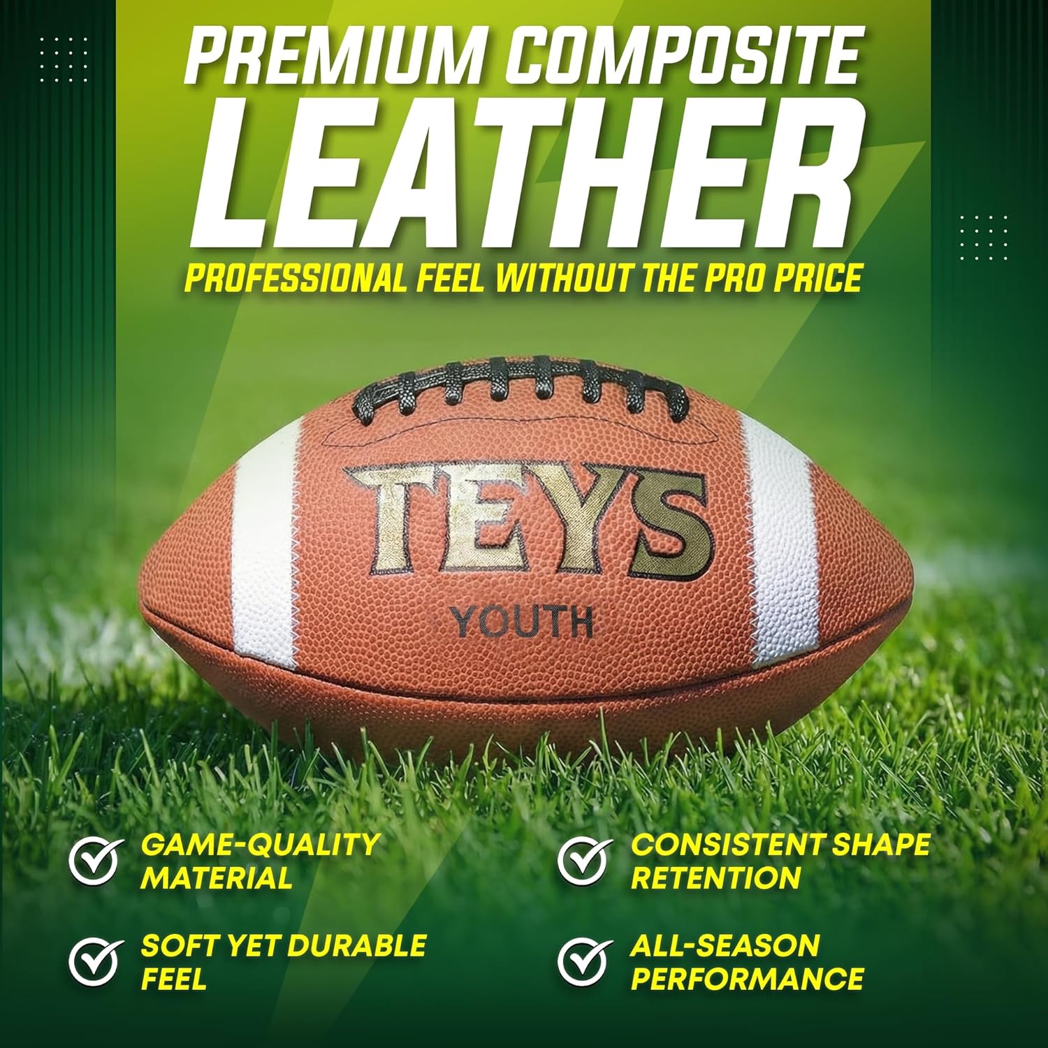 TEYS Game Football: Premium Composite Leather with Double-Laced Stitching for Added Strength. Tacky Pebbled Surface ensures Superior Grip. (Size 5 - Peewee, 6 - Junior, 7 - Youth, 9 - Official)