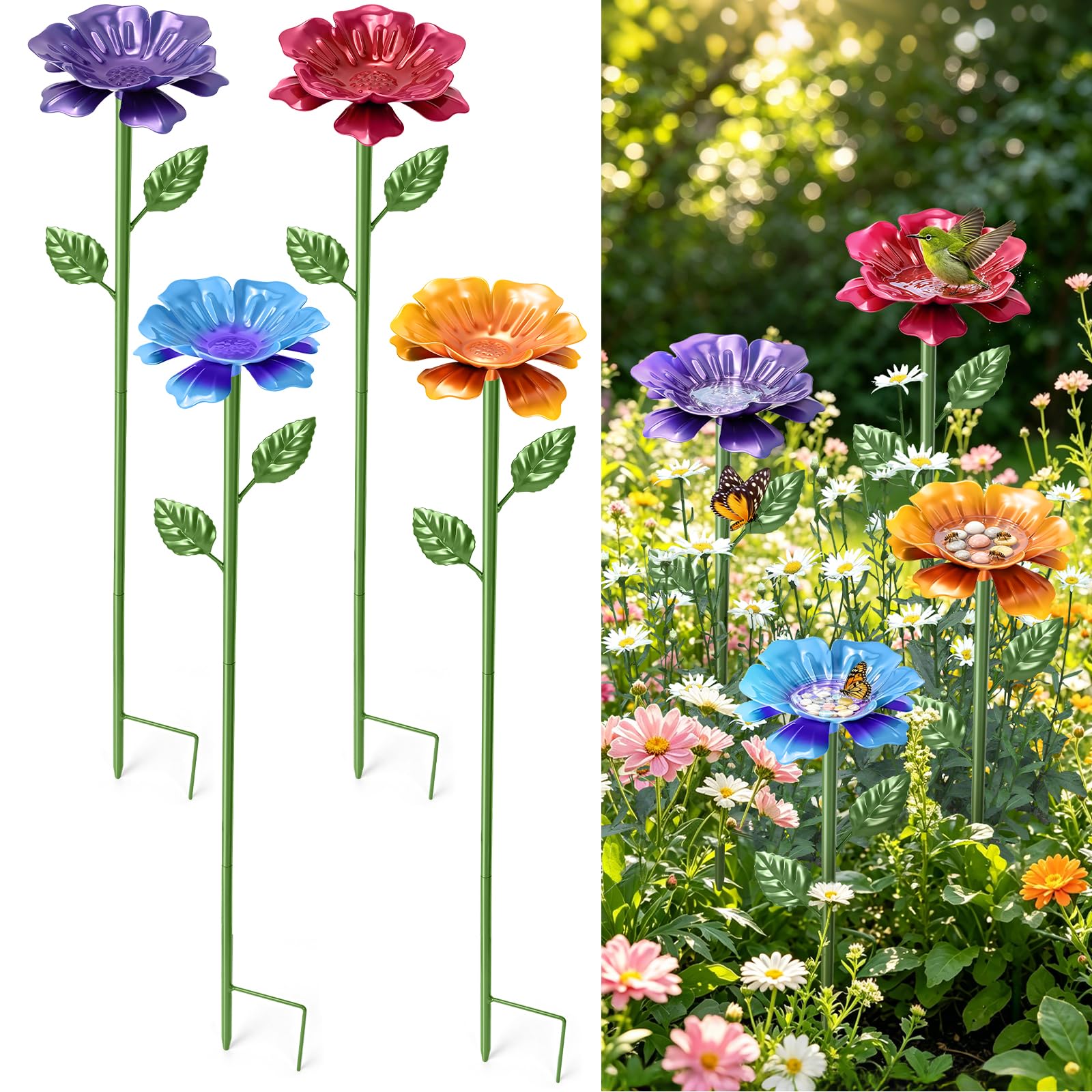 Rodison 4 Pack Colourful Metal Bee Watering Station for Garden