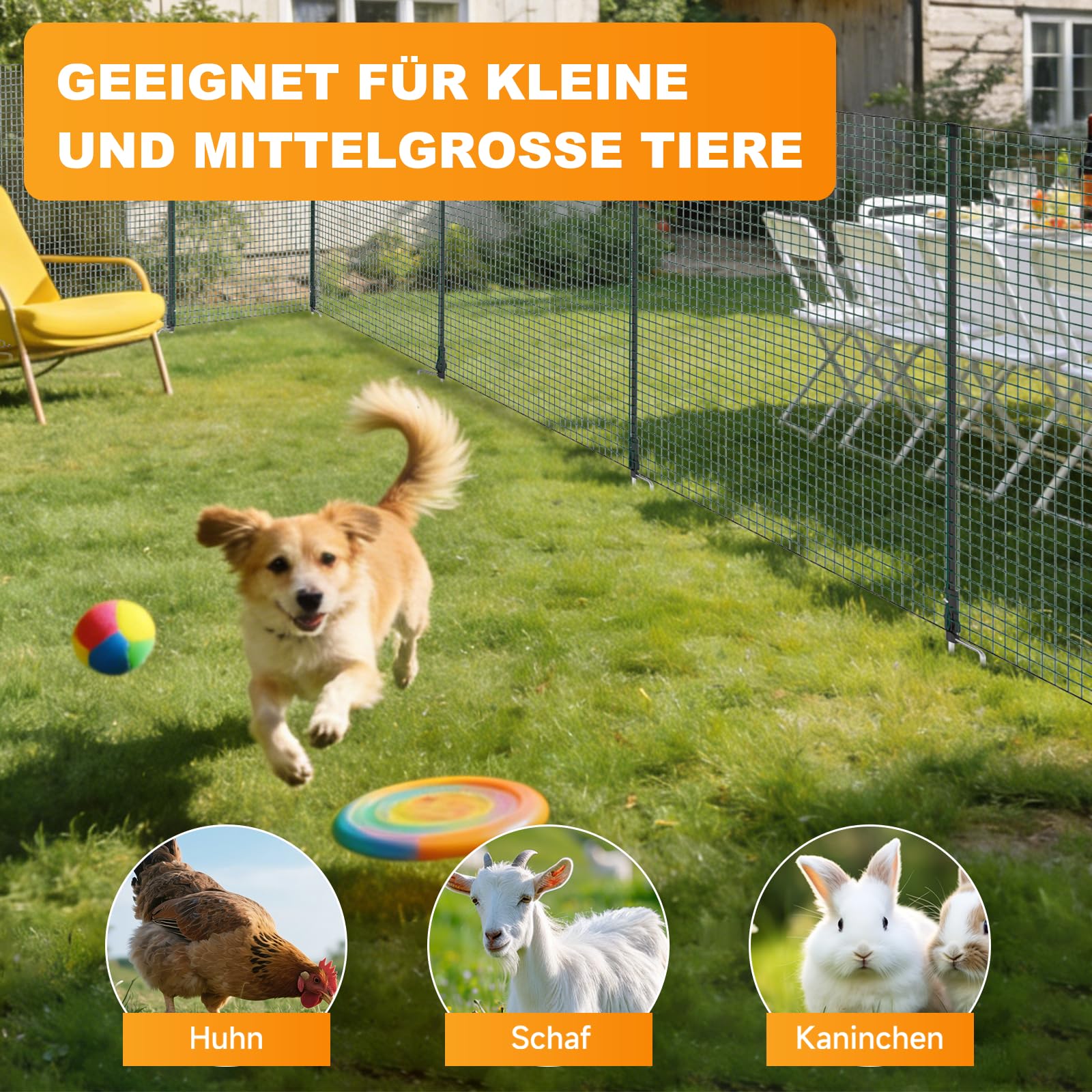 TEOV Mobiler Hundezaun 20m x 0.9m, Tragbarer Camping Zaun Komplett-Set, Universal Begrenzungszaun für Garten, Weide & Outdoor, Einfache Installation ohne Werkzeug