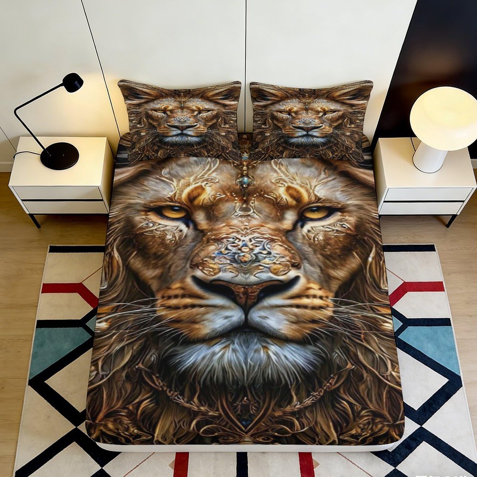 3D Printed Lion Fitted Sheet Microfiber Deep Pocket Bedroom Bedding Lion Mattress Fitted Cover Non-Slip Full Wrap Washable for Adults Teens 140x200x25cm