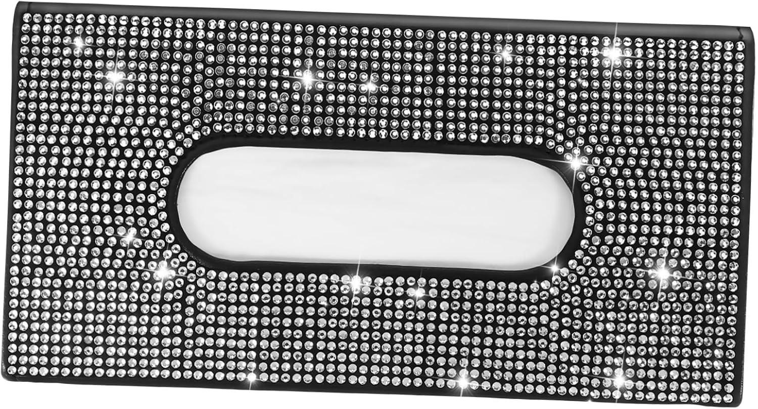 Black Rhinestone Leather Car Visor Tissue Holder with Large Capacity